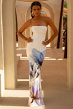 Ceremony Soft Blue Placement Floral Print Bandeau Fishtail Maxi Dress