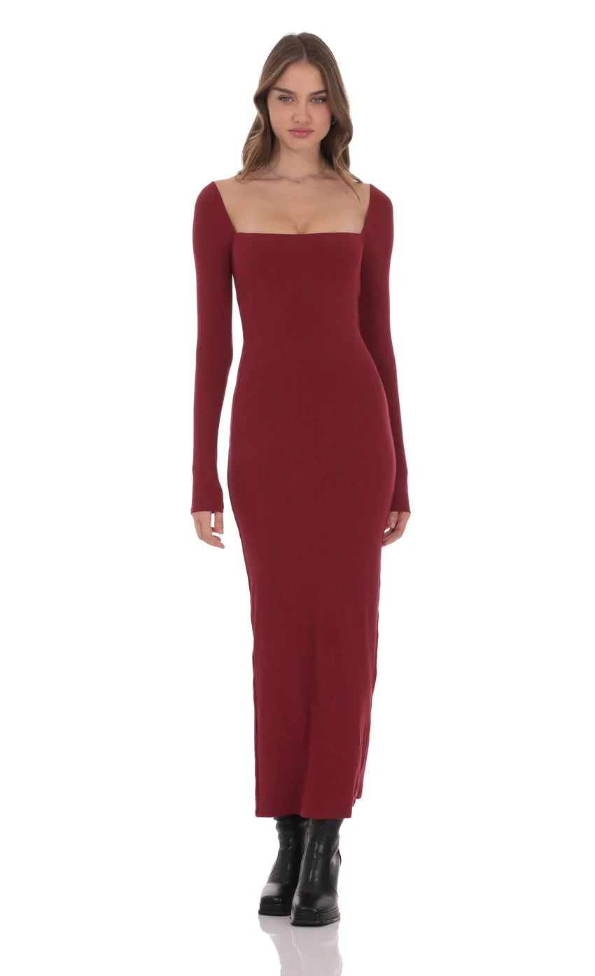 Cinch Tie Ribbed Maxi Dress in Burgundy