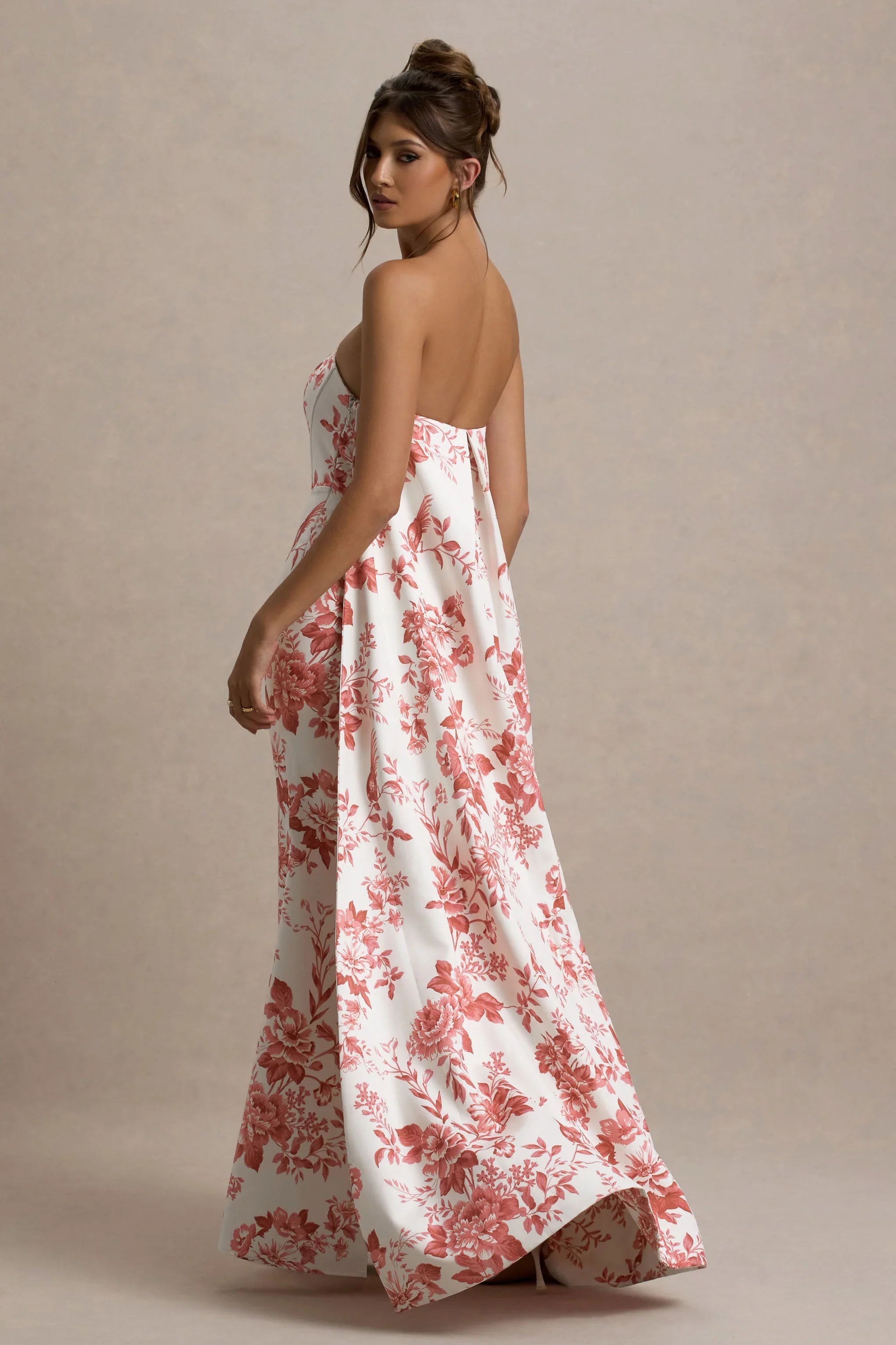 Lywenn Pink Porcelain Print Bandeau Maxi Dress With Cape