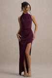 Hayden Burgundy High Neck Draped Split Maxi Dress