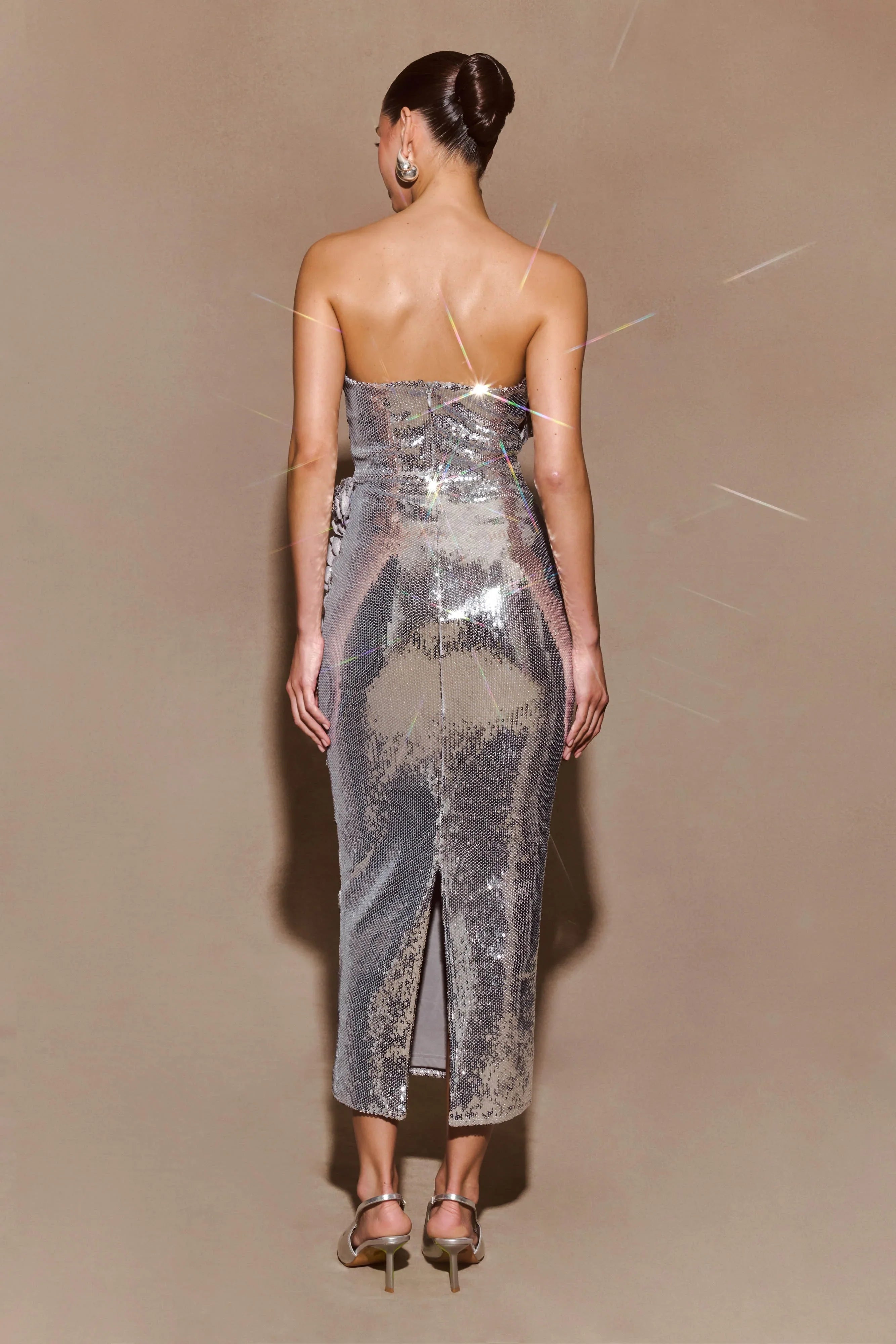 Cassia Strapless Sequin Rose Midi Dress Silver