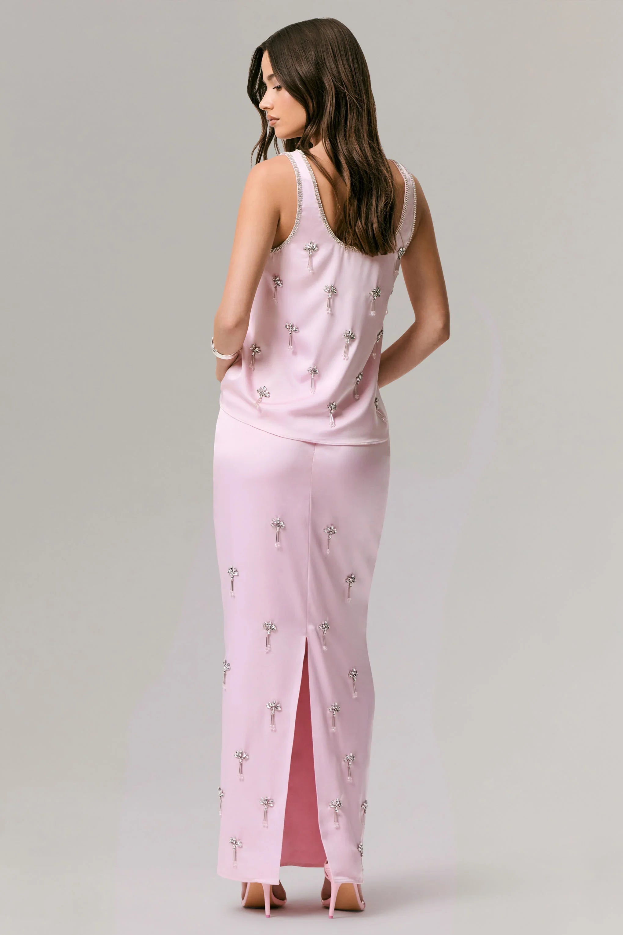 Lena Pink Satin Embellished Maxi Skirt