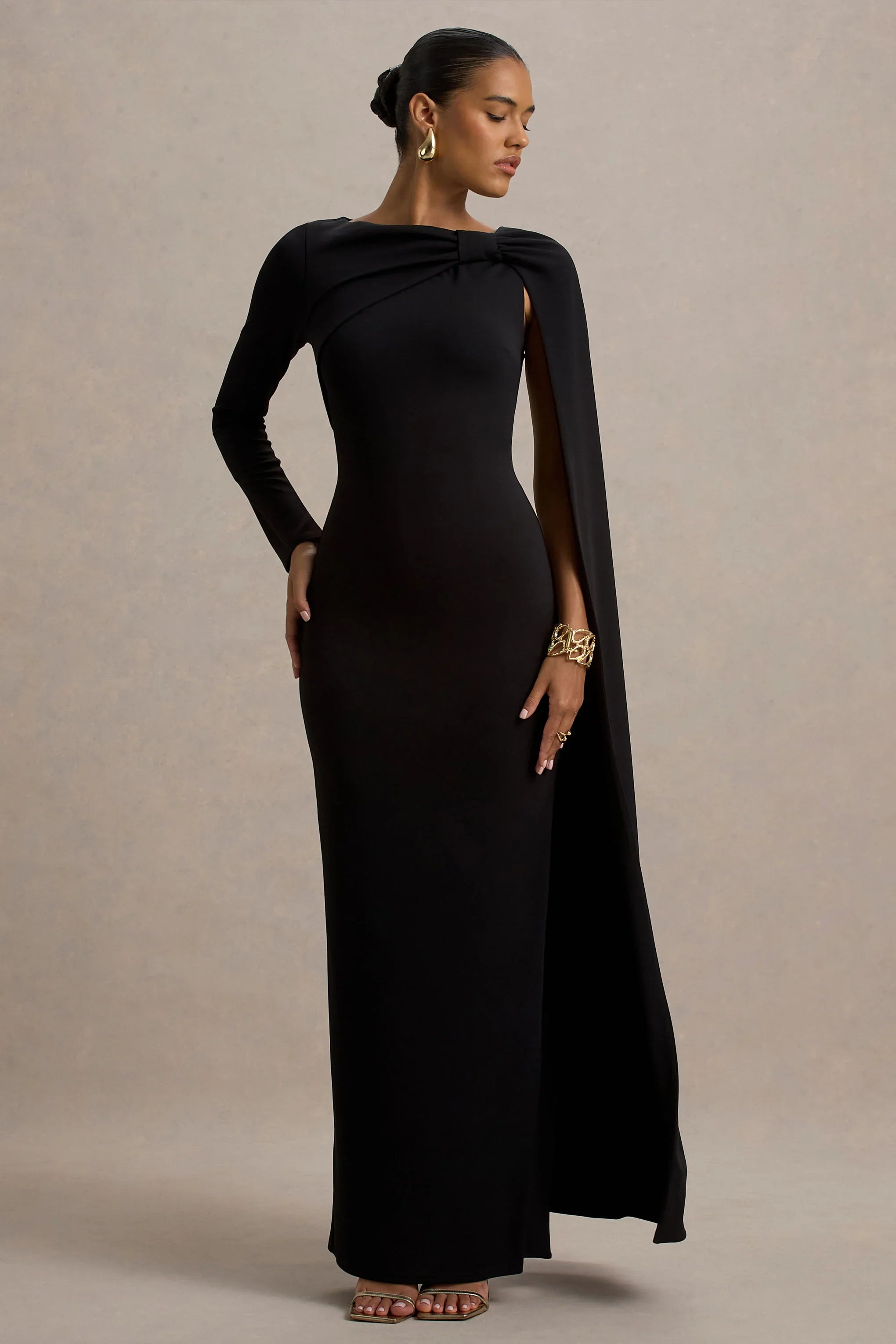 Frances Black High Neck Maxi Dress With Cape Detail