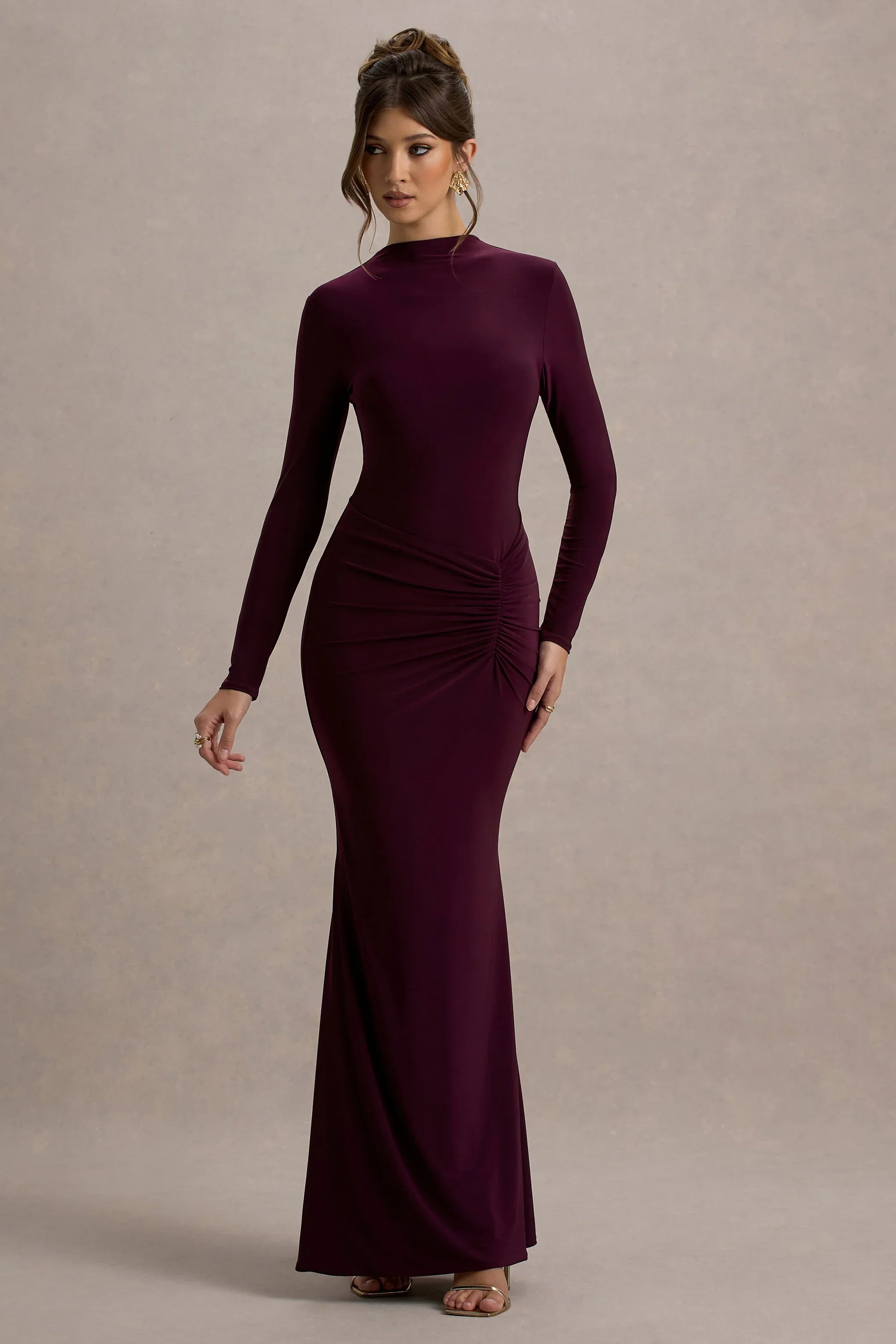 Reid Plum Long Sleeve Gathered Maxi Dress