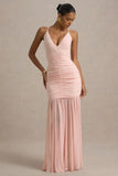 Pasqualina Pink Ruched Plunge Neck Maxi Dress