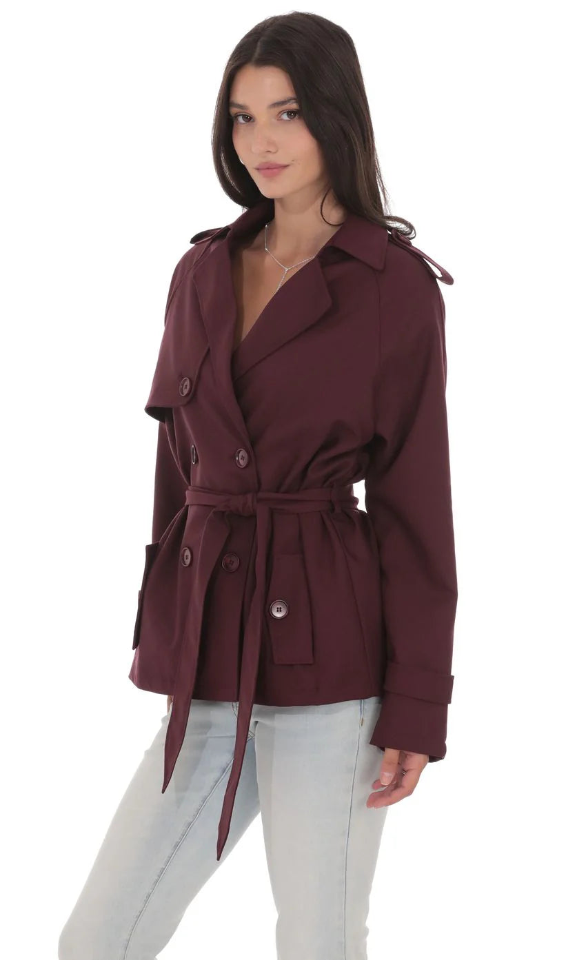 Double Breasted Trench Coat in Burgundy