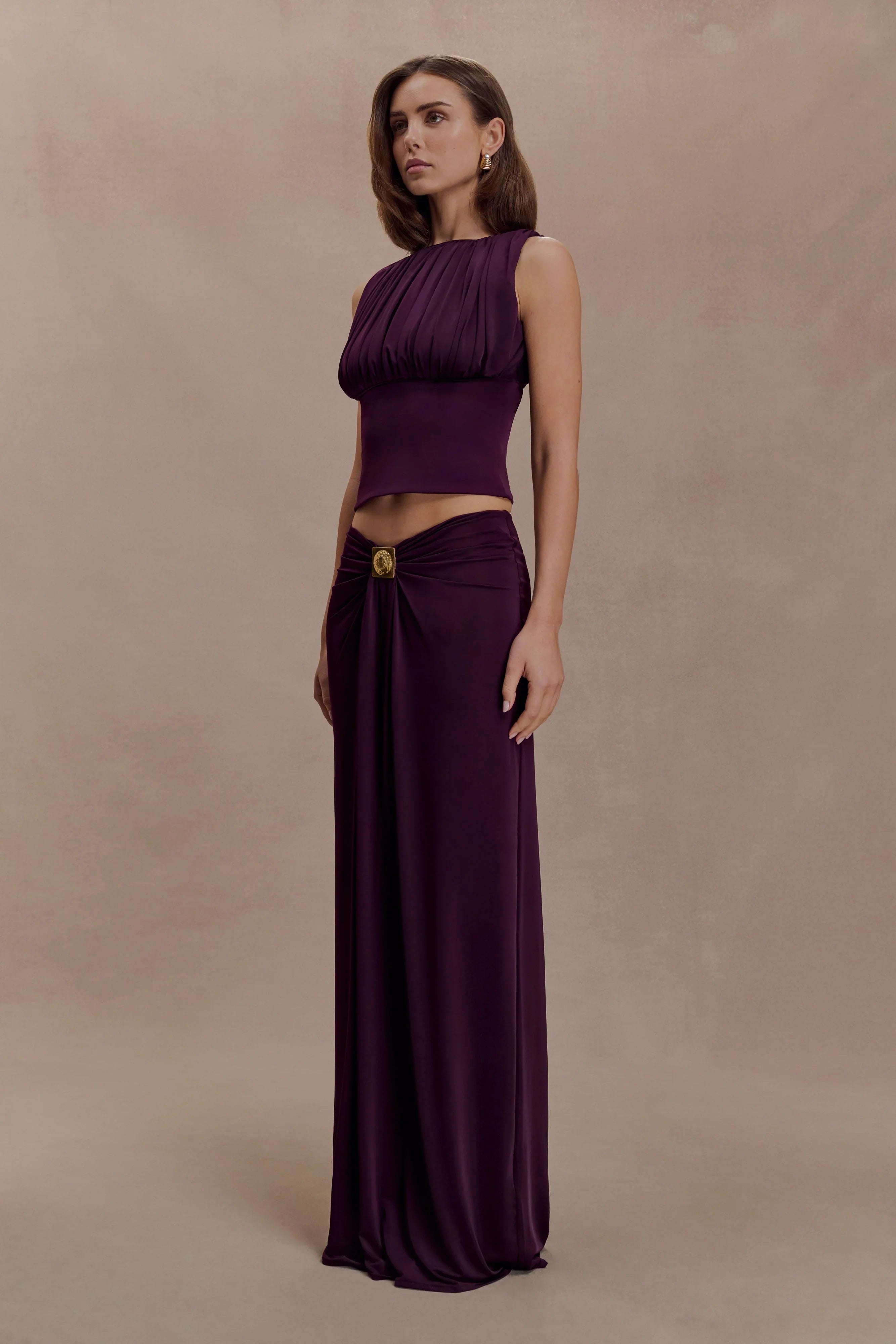 Erina Slinky Ruched Maxi Skirt With Hardware Aubergine