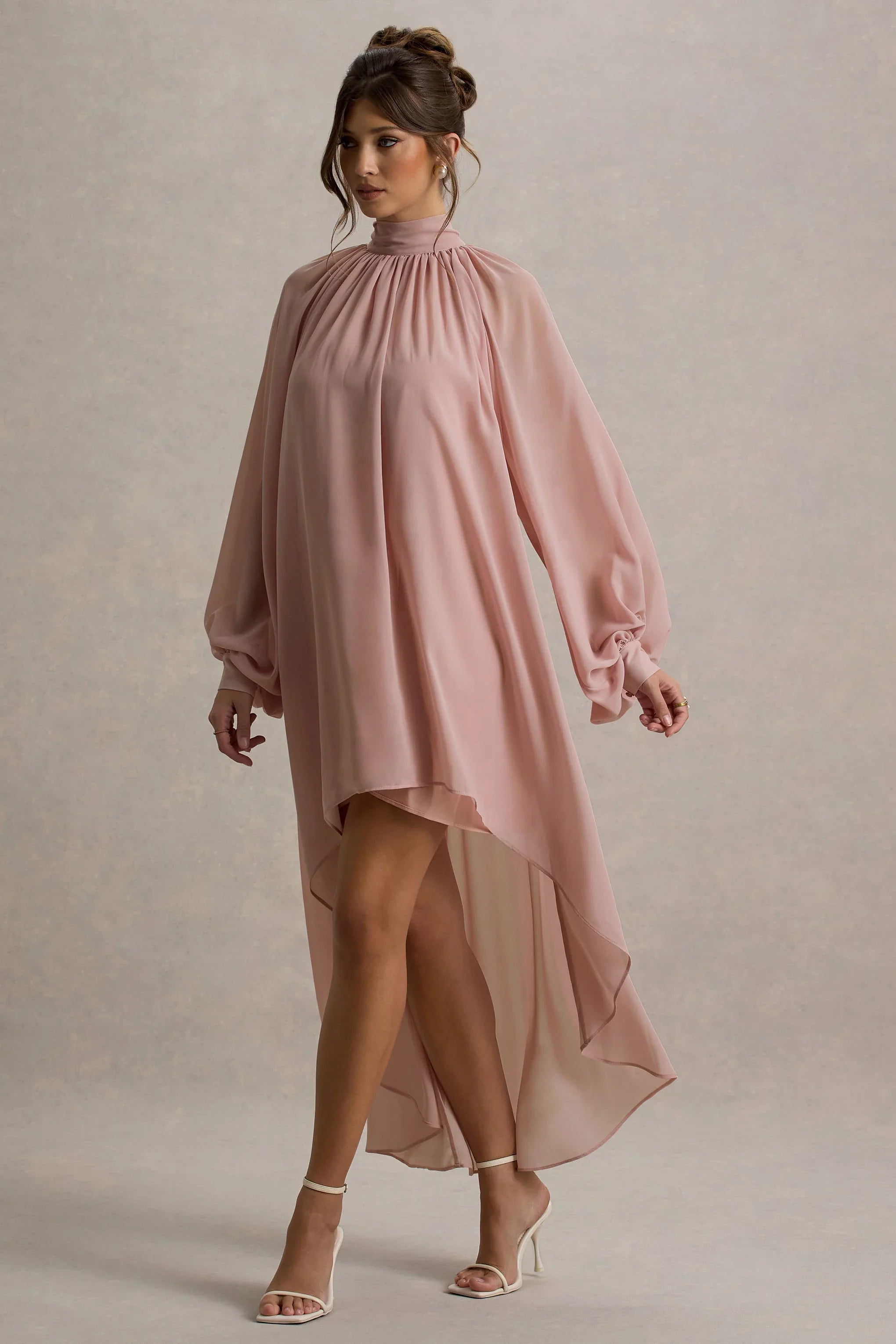 Delphia Pale Pink High Neck Maxi Dress With High Low Hem