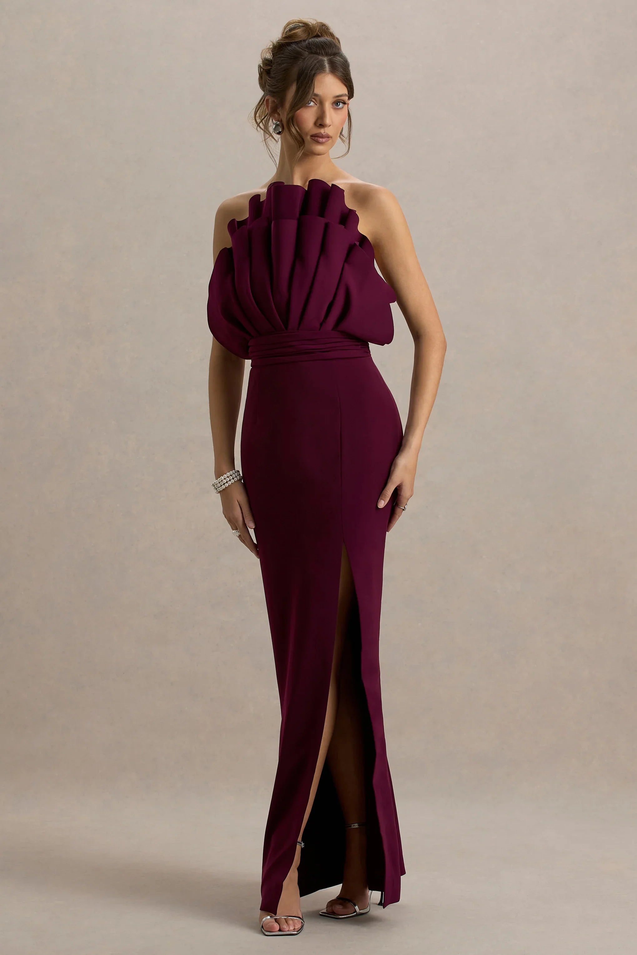 Set The Bar Plum Ruffled Strapless Split Maxi Dress