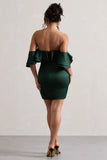 Aspen Bottle Green Bardot Mini Dress With Ruffles