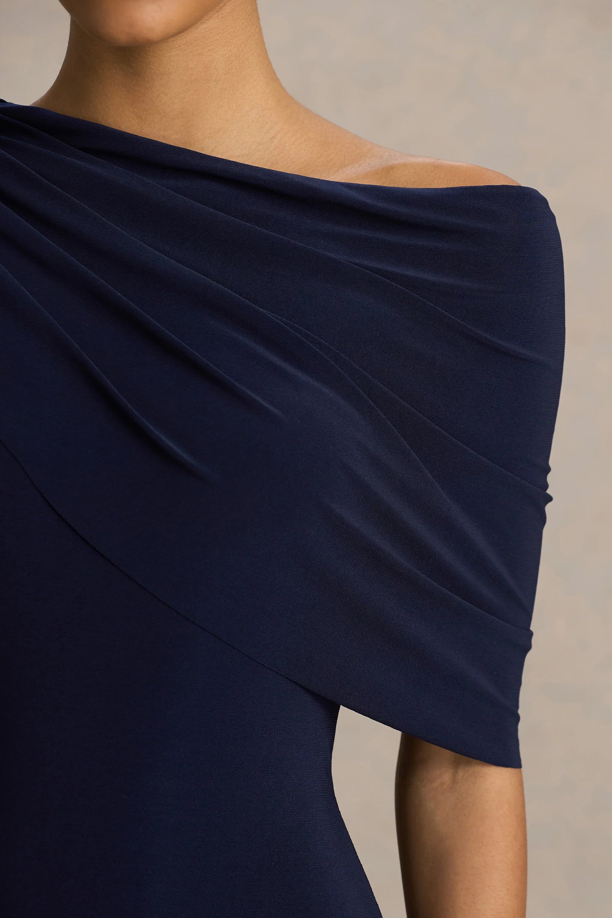 Tiana Navy Asymmetric Neck Maxi Dress With Drape Detail