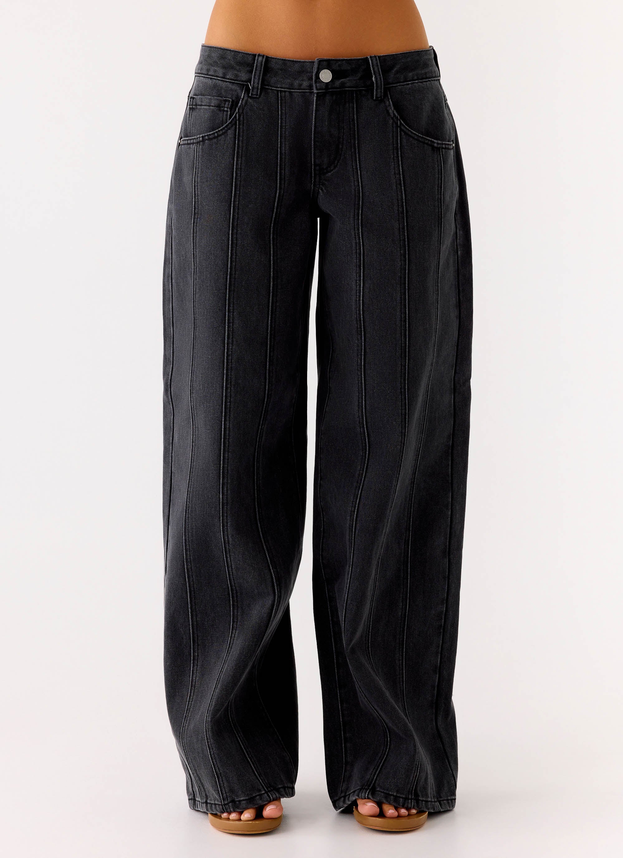 Johnny Low Rise Wide Leg Denim Jeans Grey Charcoal