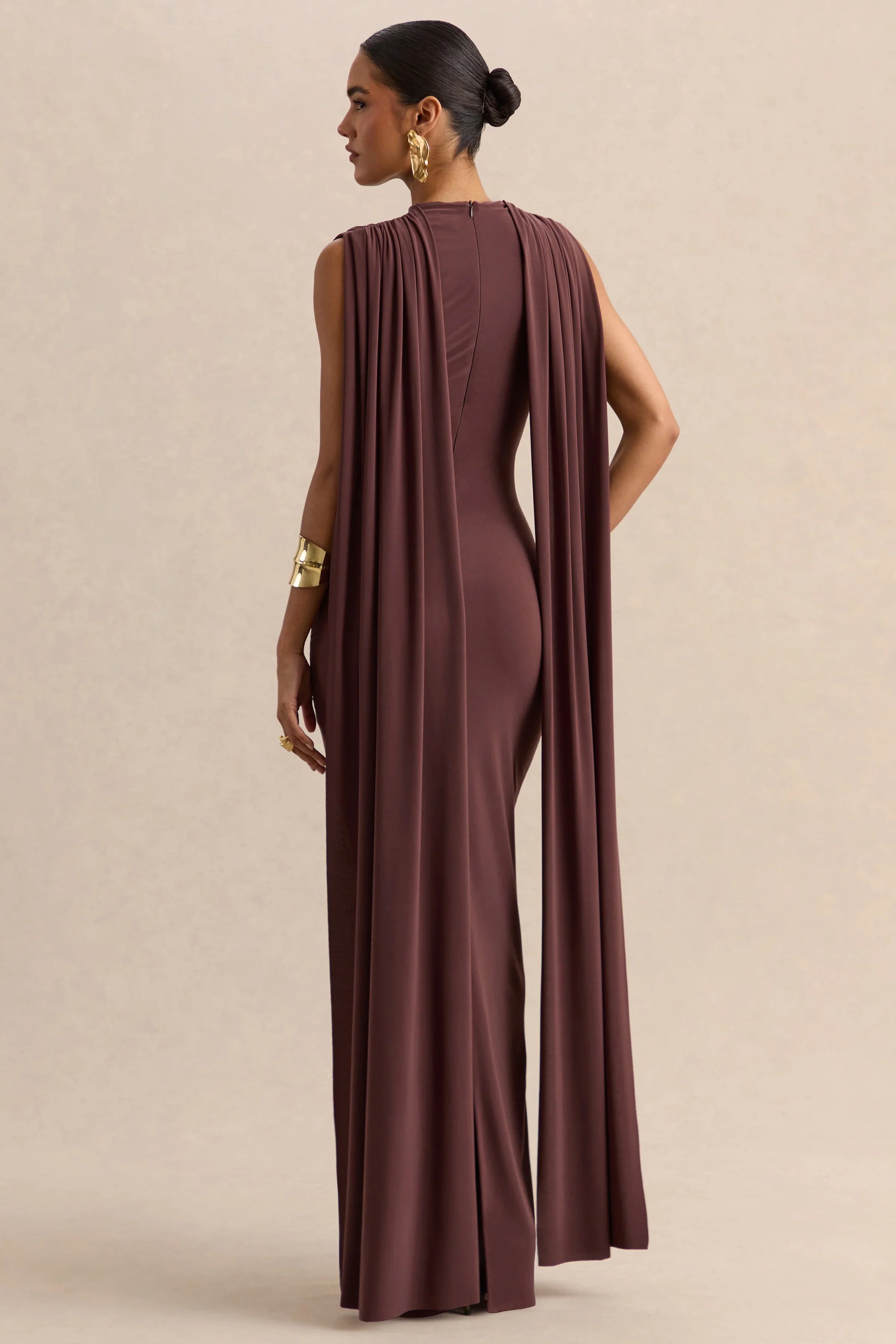 Patrina Brown High Neck Maxi Dress With Draped Detailing And Cape Sleeves