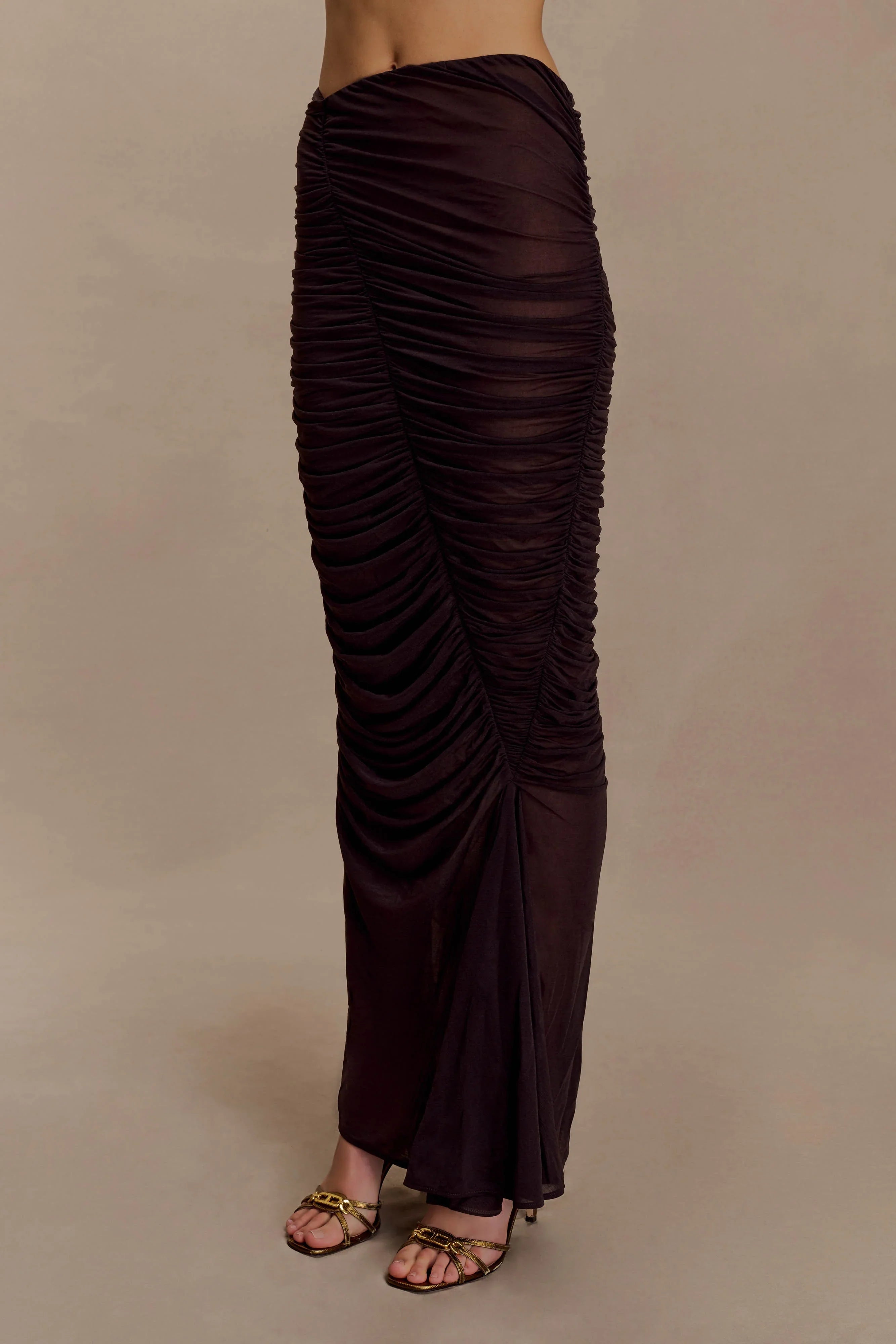 Matilda Ruched Mesh Maxi Skirt Chocolate
