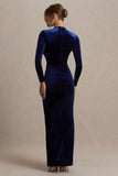Wishes Navy Velvet High Neck Maxi Dress With Wrap Skirt