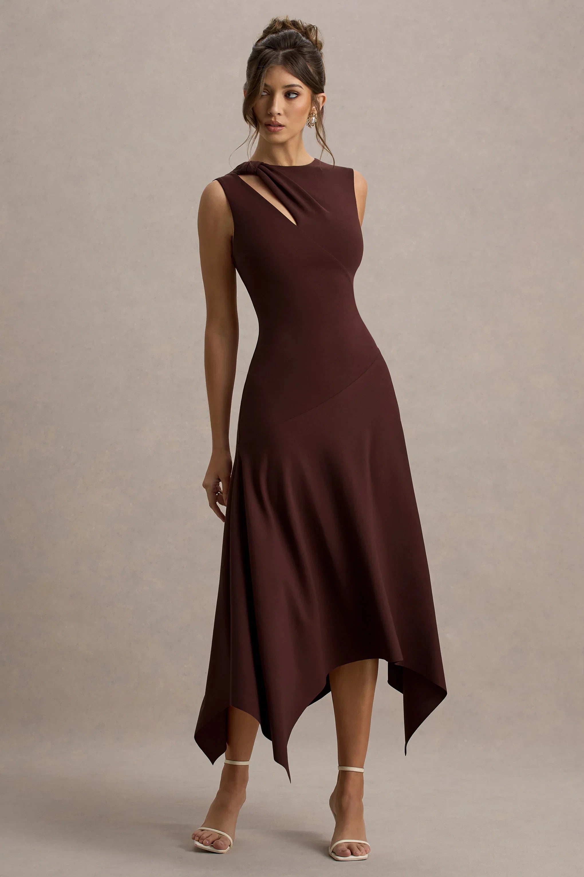 Francesca Brown Knotted Midi Dress With Handkerchief Hem