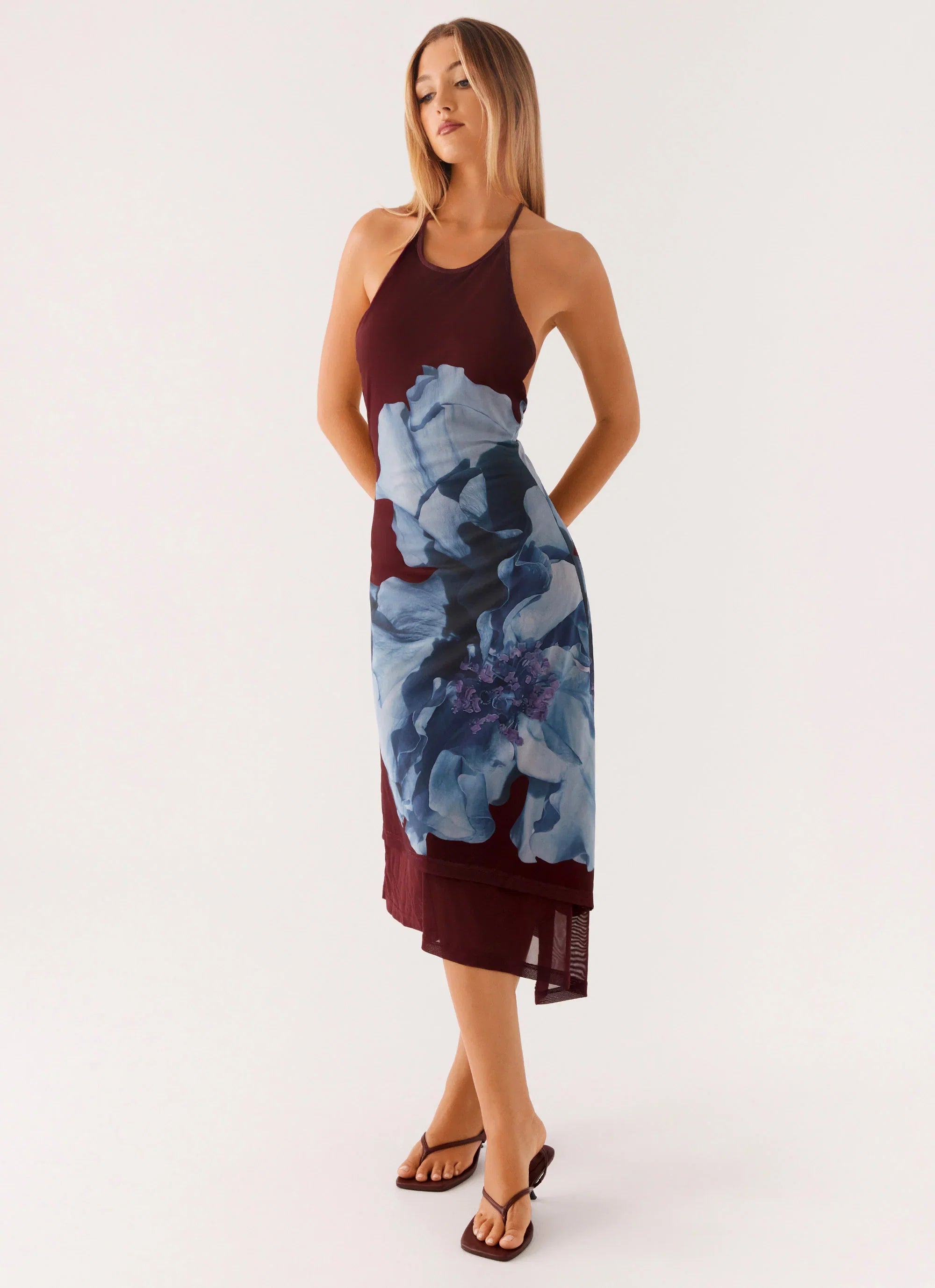 Brinley Halterneck Midi Dress Maroon Print