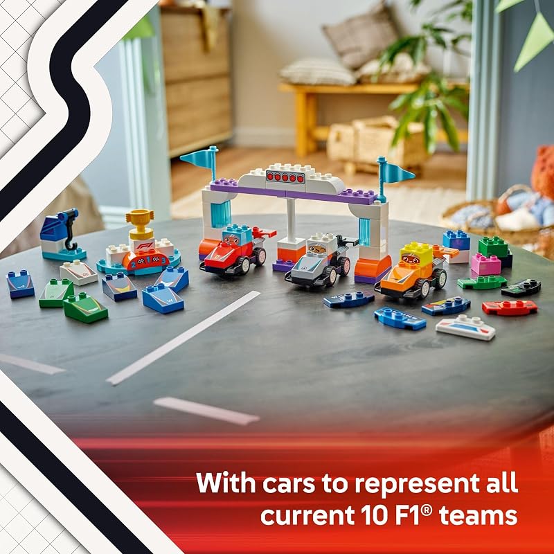 LEGO DUPLO Town F1 Team Race Cars Drivers Building Toy Playset Toddler Toy Cars for Pretend Play Boys and Girls Ages 2 Learning and Educational Gift for Preschool 10445