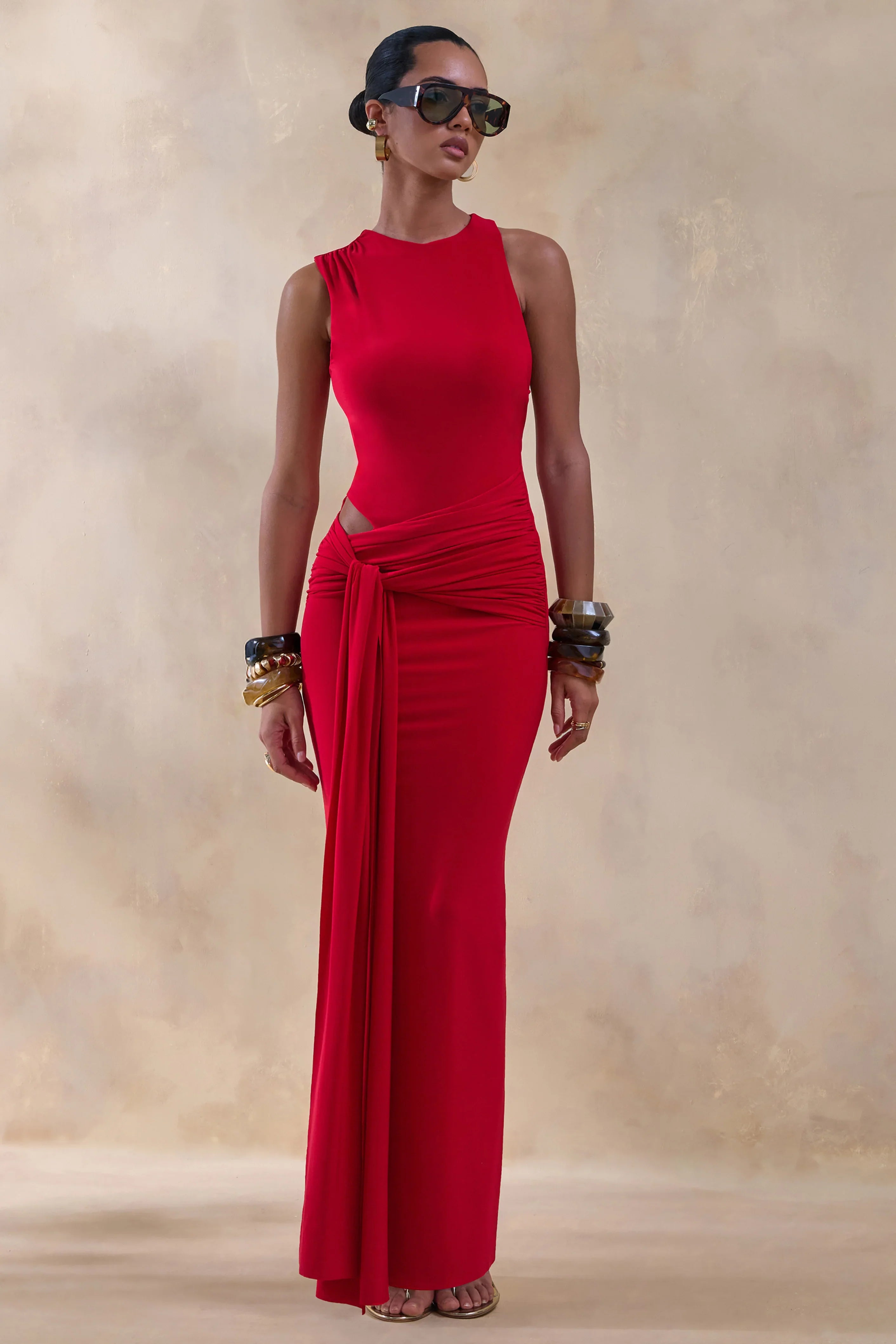 Neile Red Crew Neck Maxi Dress With Cut Out and Sash Details