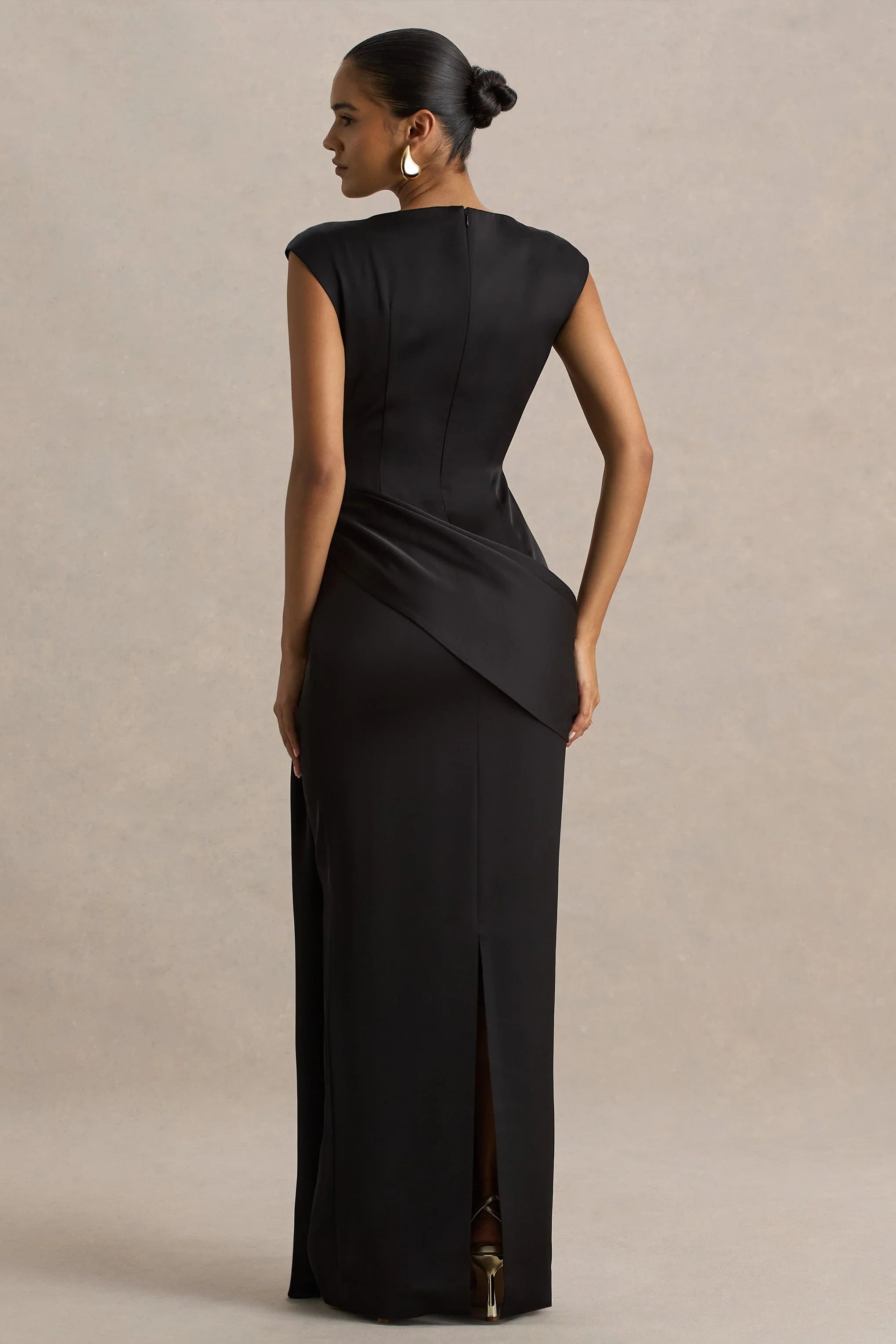 Influence Black Satin Slashed Neck Maxi Dress With Embellished Detail And Sash
