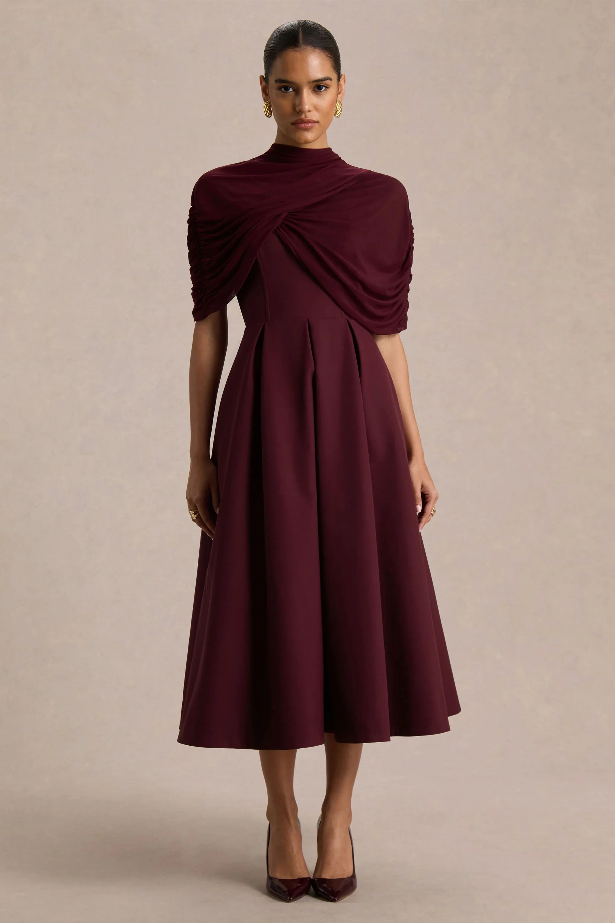 Thalia Burgundy High Neck Midi Dress With Sheer Mesh Cape