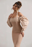 Couture Client Champagne Halter Neck Puff Sleeve Midi Dress