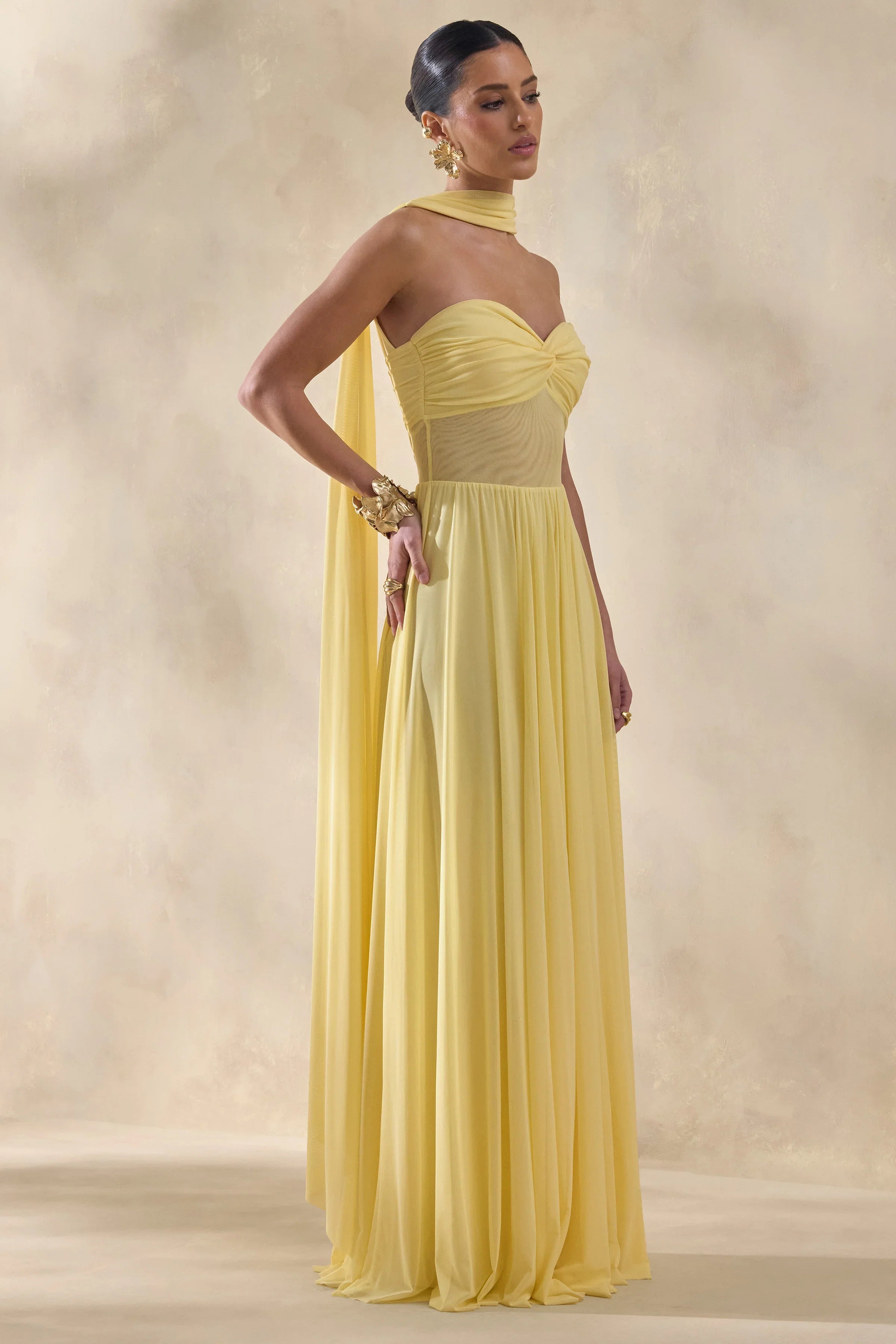 Lyvoria Lemon Bandeau Maxi Dress With Mesh Detail And Scarf