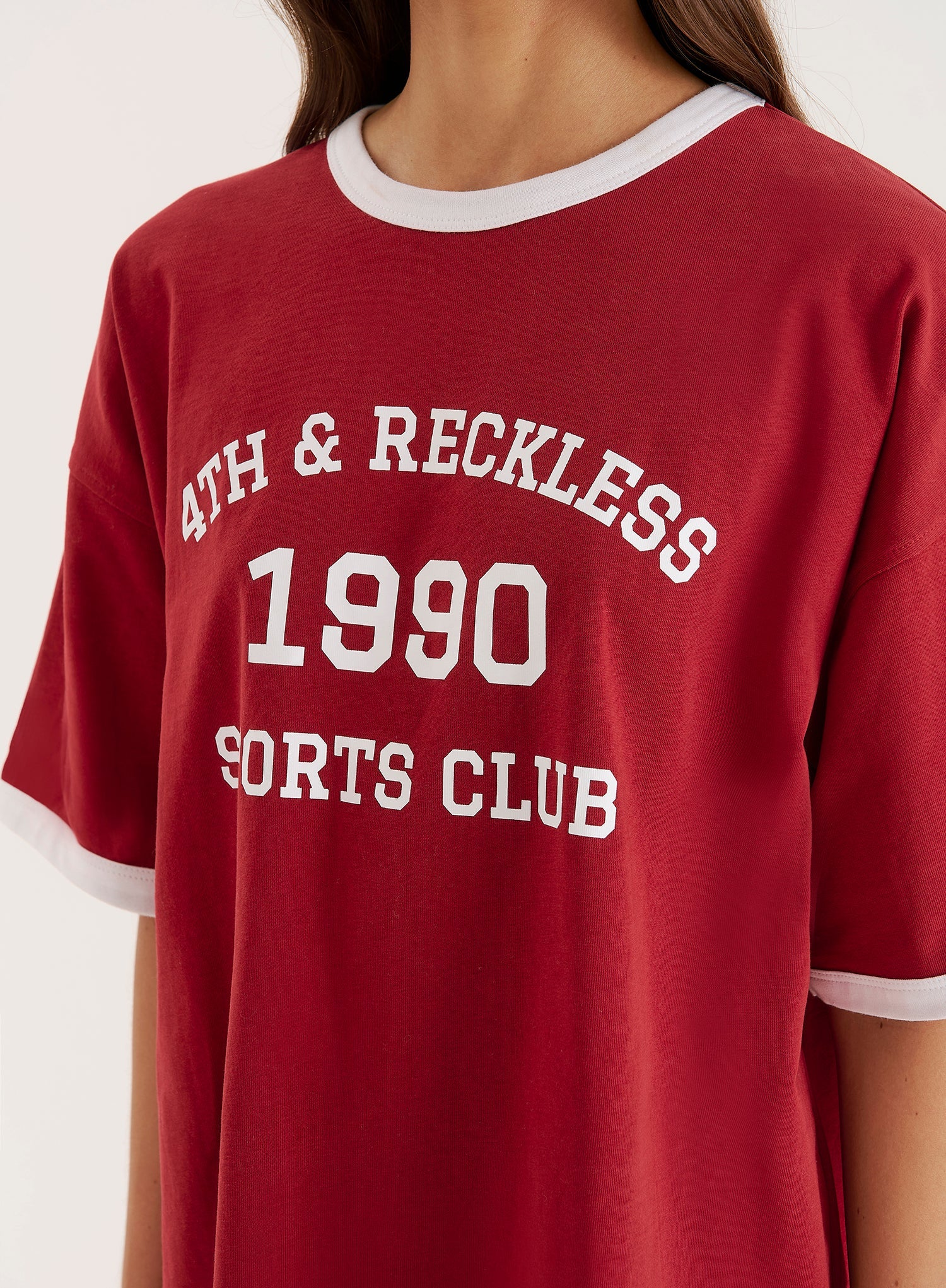 Red Contrast Trim Slogan T Shirt