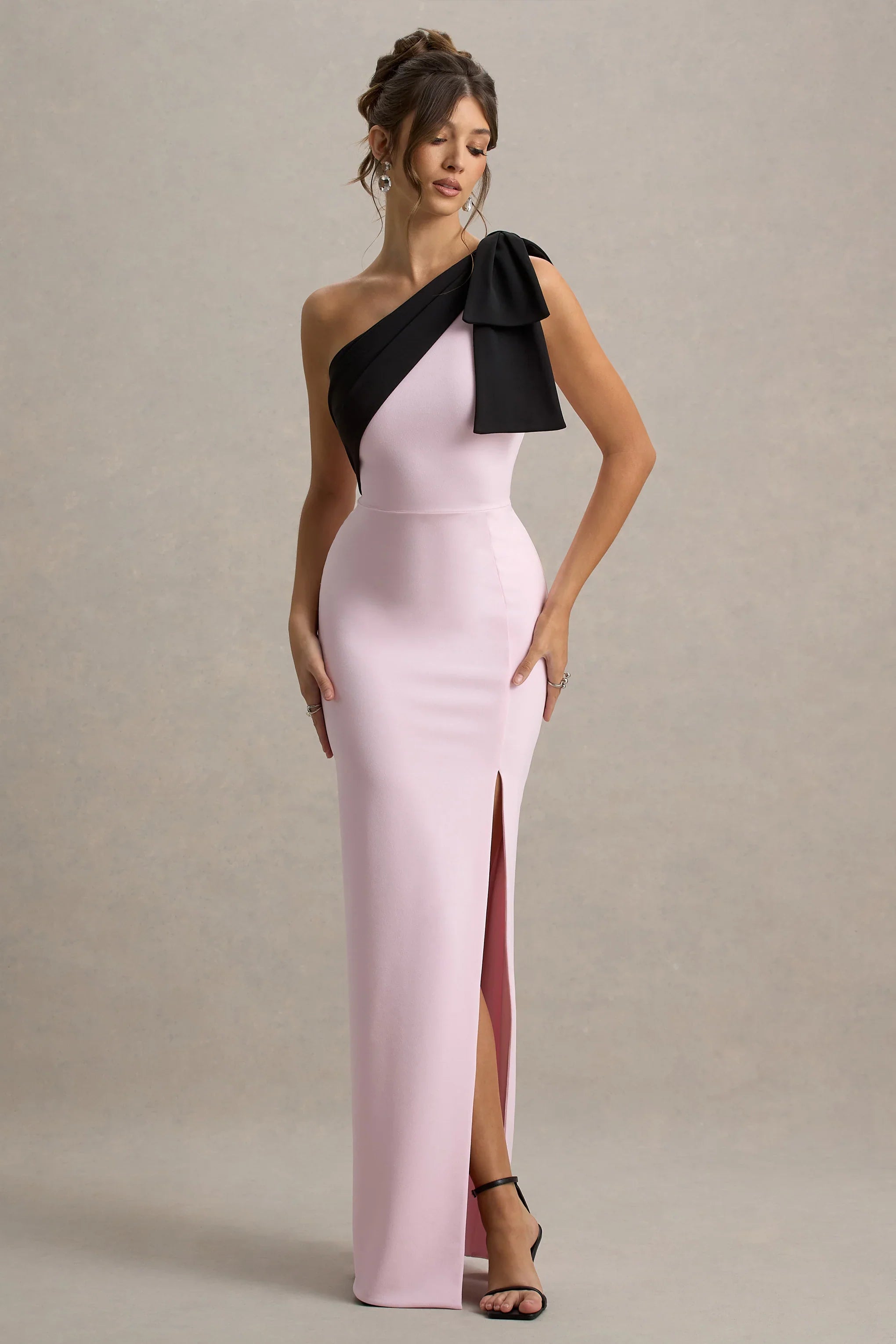 Kiri Pink Black One Shoulder Bow Maxi Dress