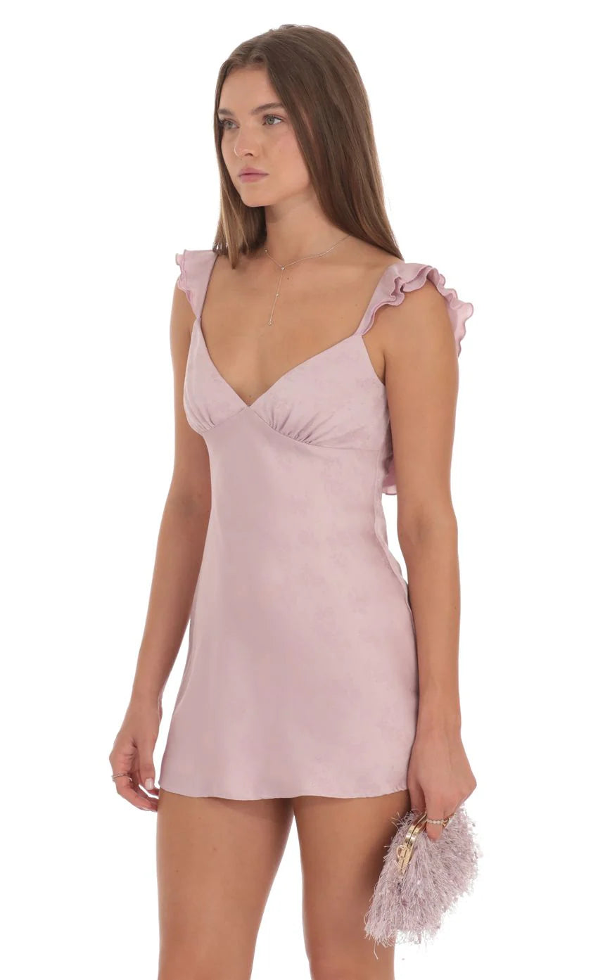 Satin Floral Open Back Slip Dress in Lilac