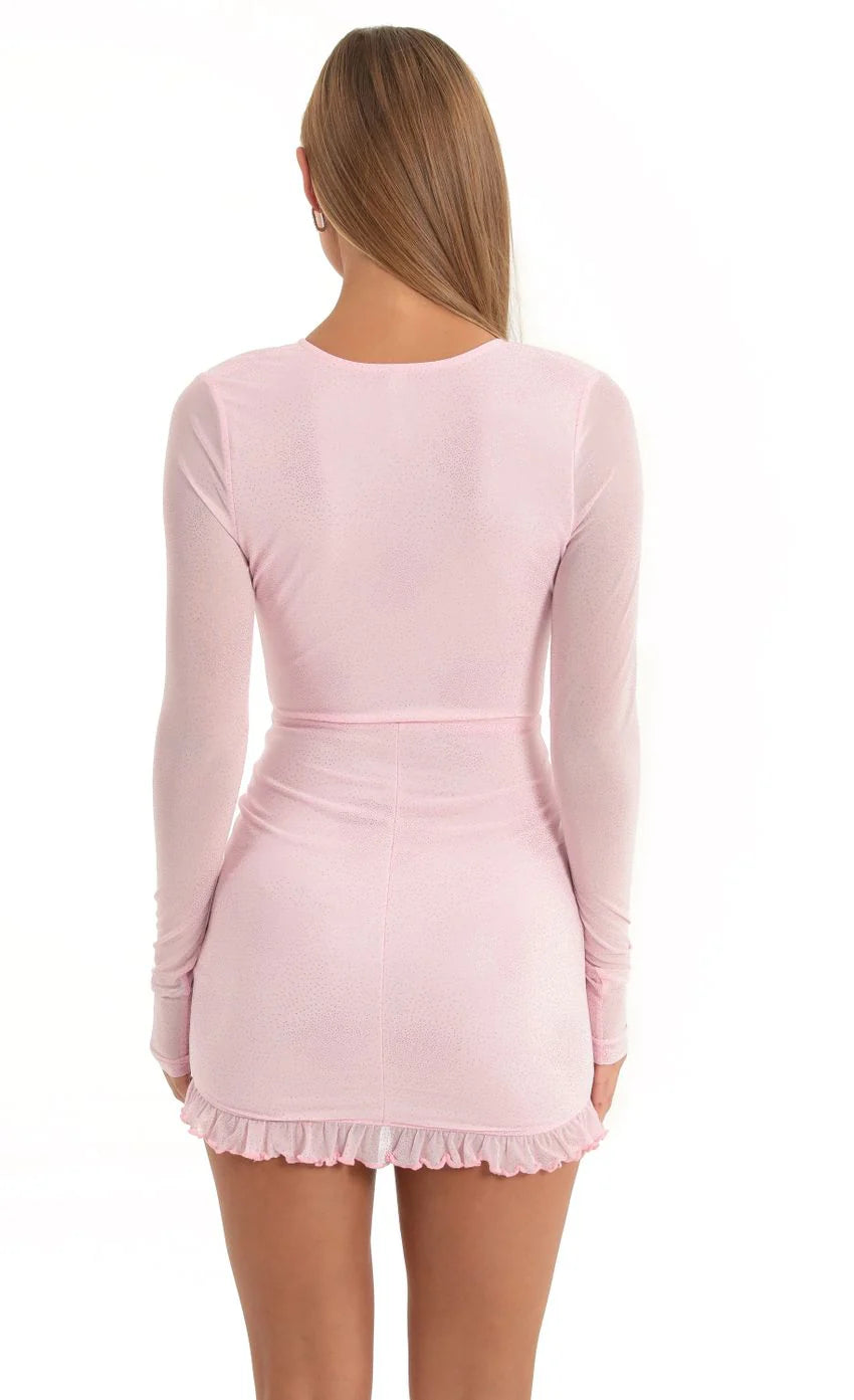 Glitter Mesh Plunging V Neck Dress in Pink