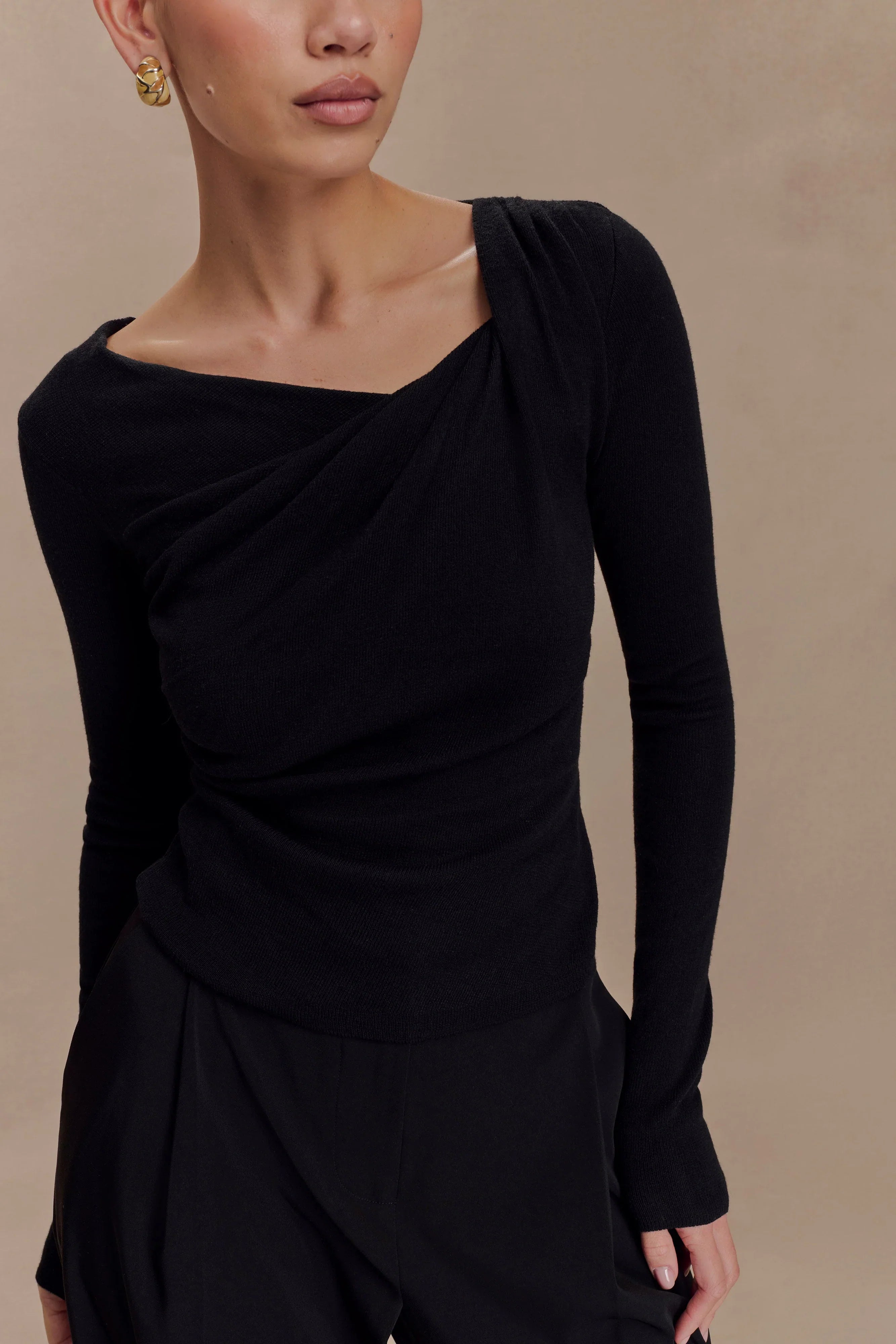 Culver Draped Twist Knit Top Black