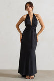 Carolyn Black Satin Plunge Maxi Dress With Dipped Hem