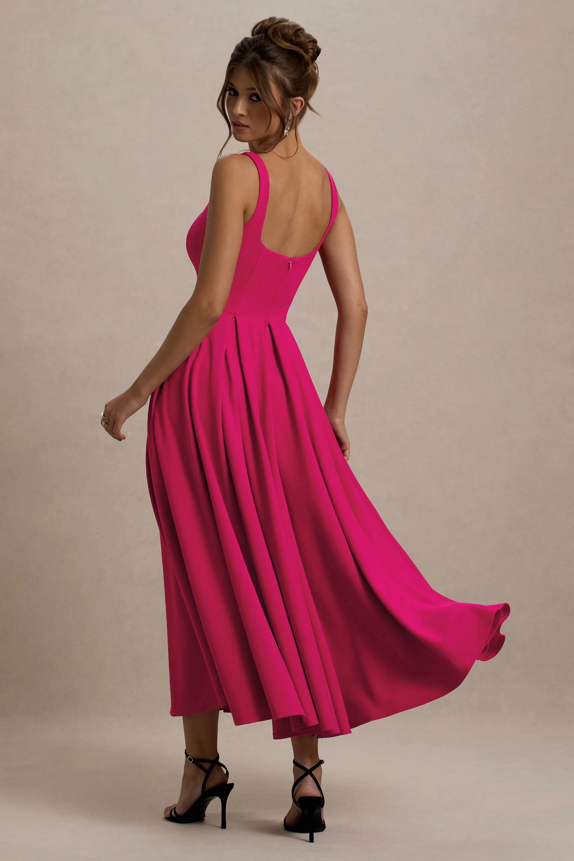 Parina Hot Pink Strappy Volume Hem Midi Dress