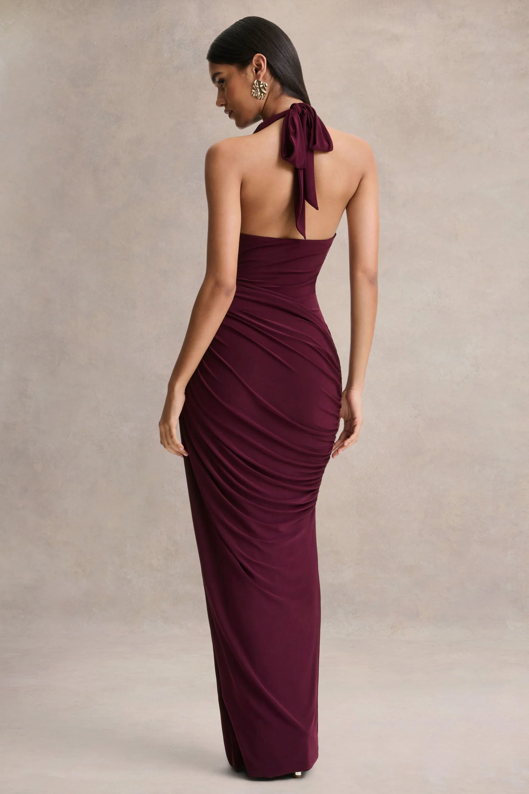 Cairo Burgundy Cowl Neck Maxi Dress With Gathered Detailing