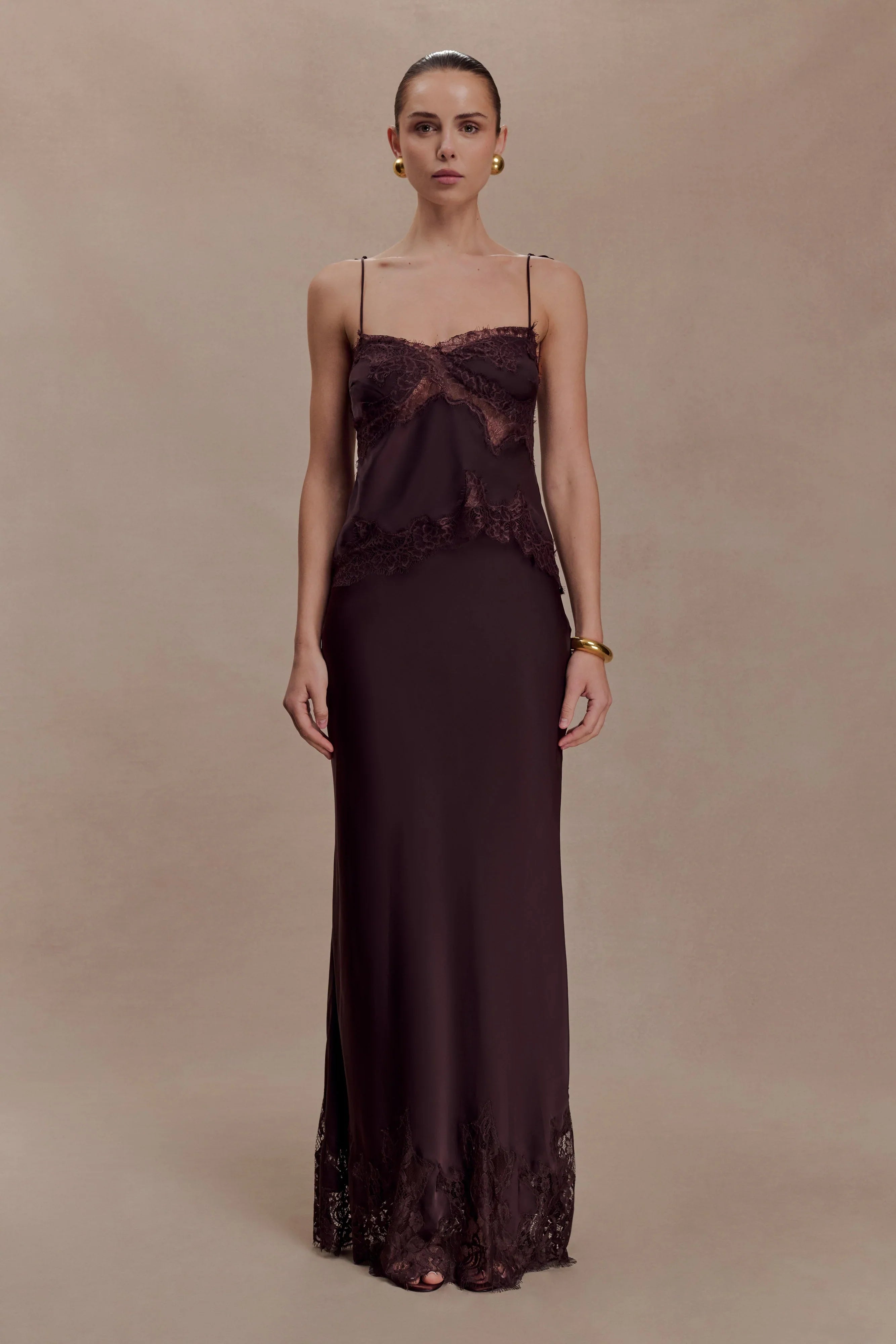 Nina Satin And Lace Maxi Skirt Chocolate