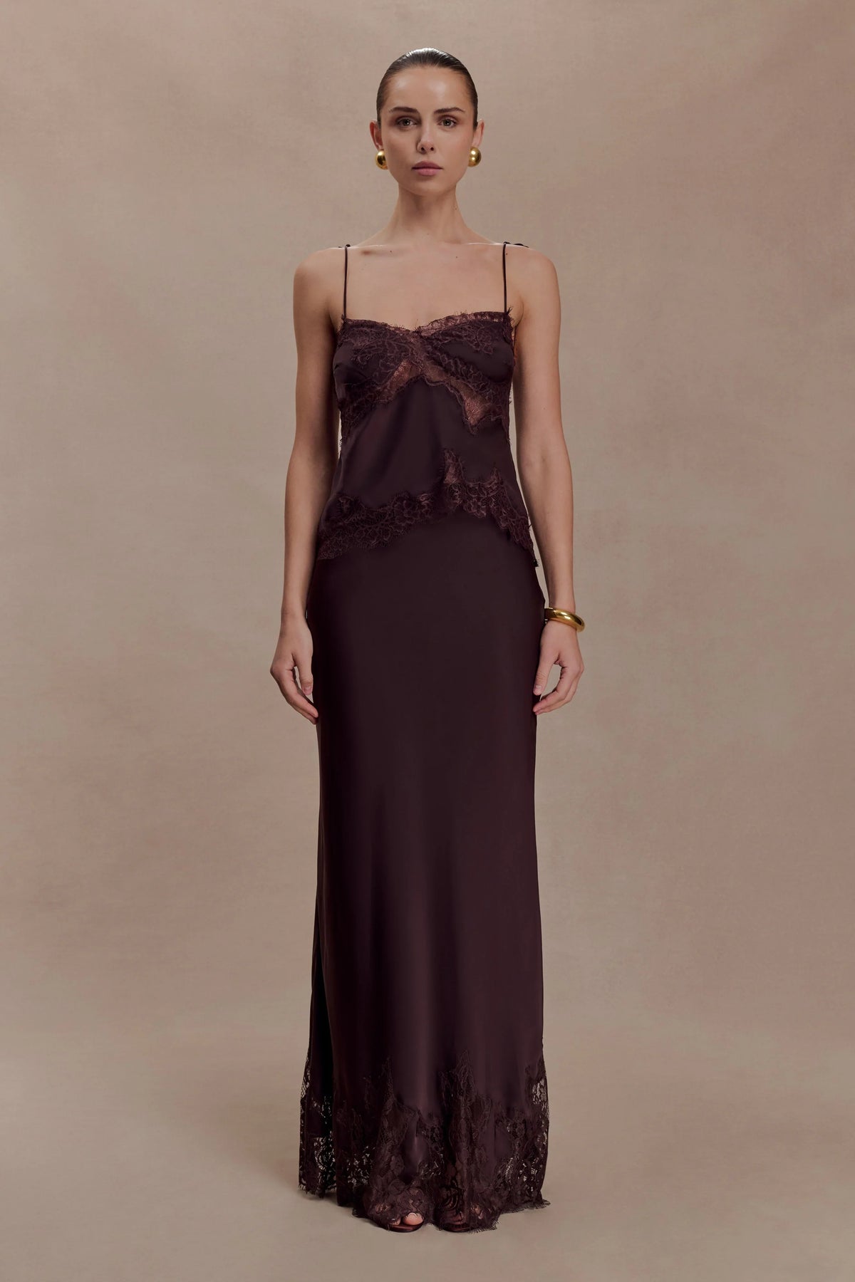 Nina Satin And Lace Maxi Skirt Chocolate