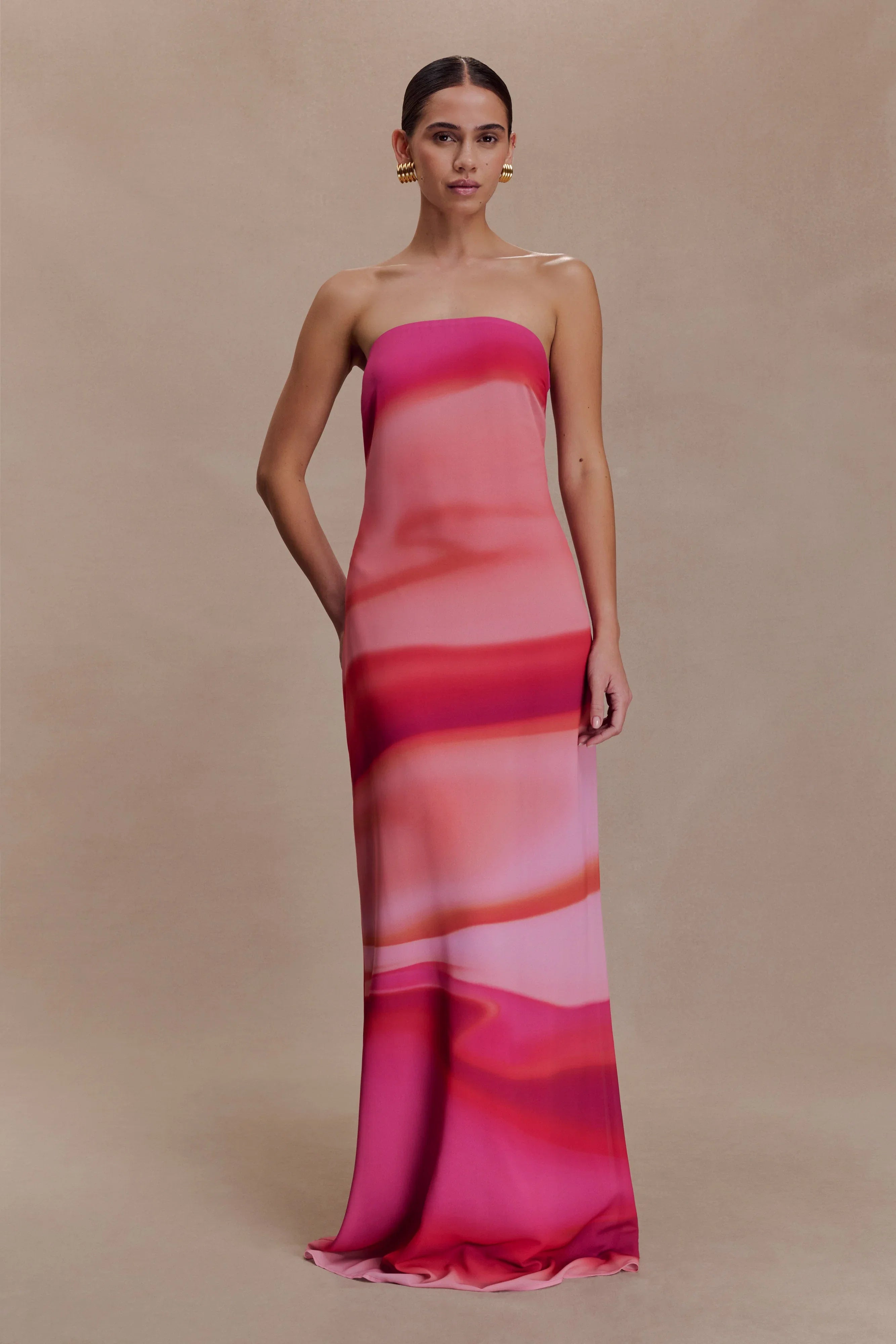 Amaya Strapless Chiffon Maxi Dress Pink Sunset Print