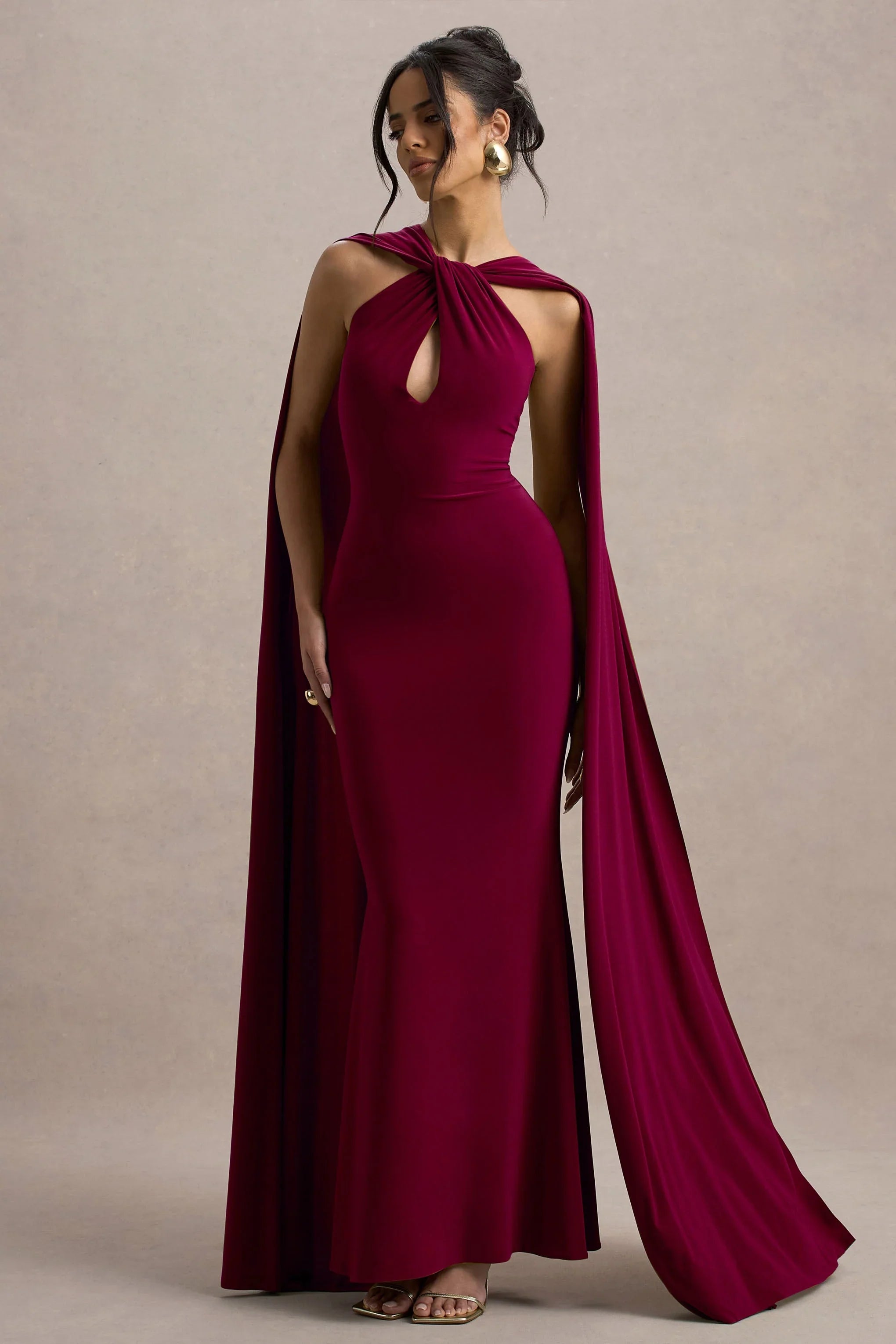 Rhoda Burgundy Twist Halter Neck Cape Maxi Dress