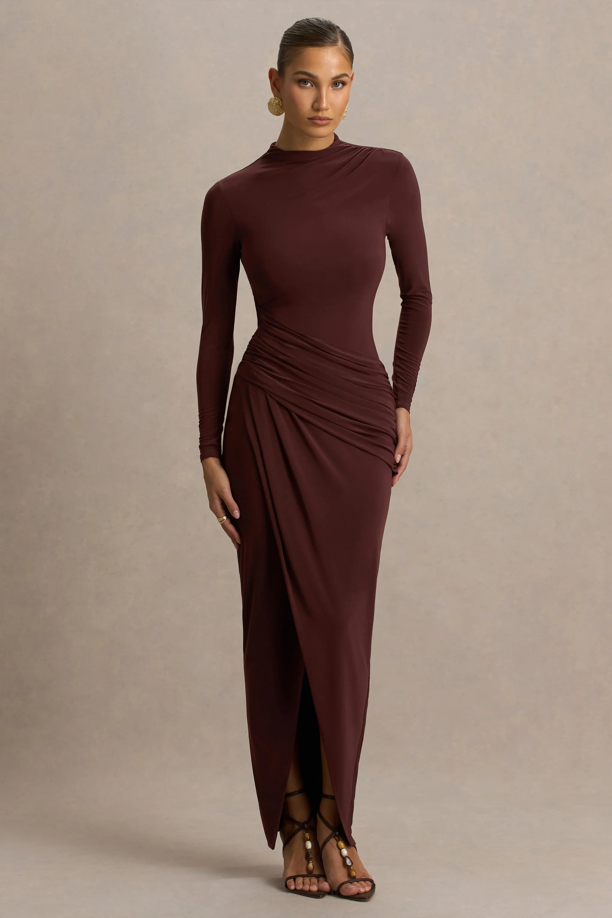 Zephyra Brown High Neck Wrapped Maxi Dress