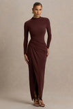 Zephyra Brown High Neck Wrapped Maxi Dress