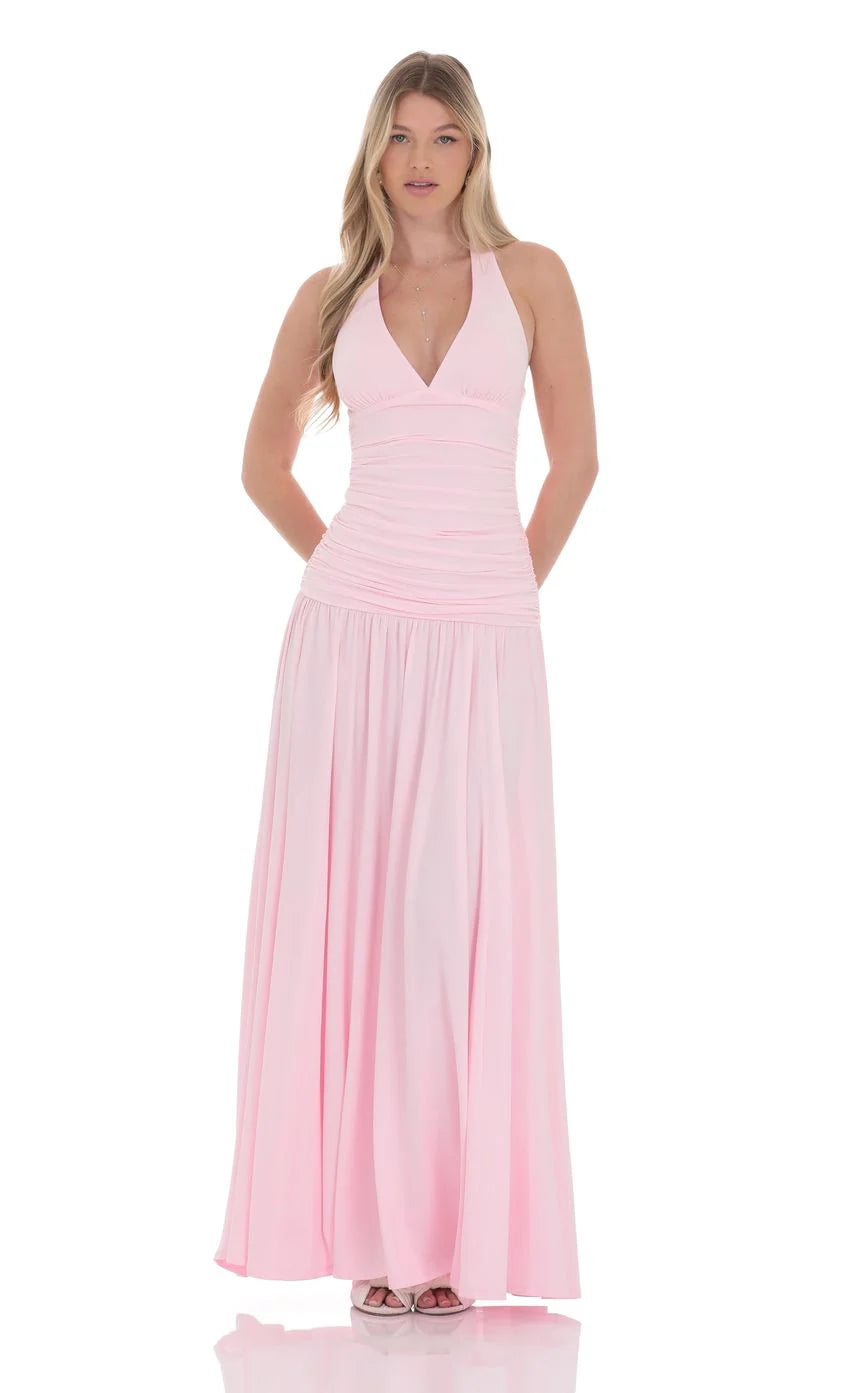 Halter Drop Waist Maxi Dress in Pink