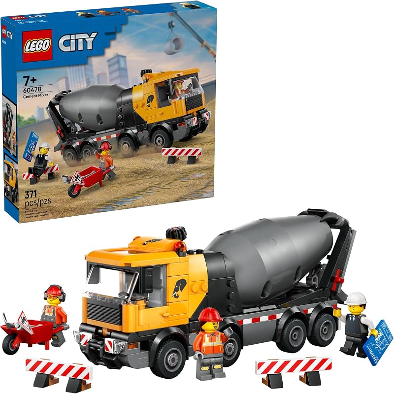 LEGO City Cement Mixer Truck Building Toy for Boys Girls Ages 7 Pretend Play Construction Toy W Rotating Drum 3 Worker Minifigures Gift Idea for Birthdays 60478