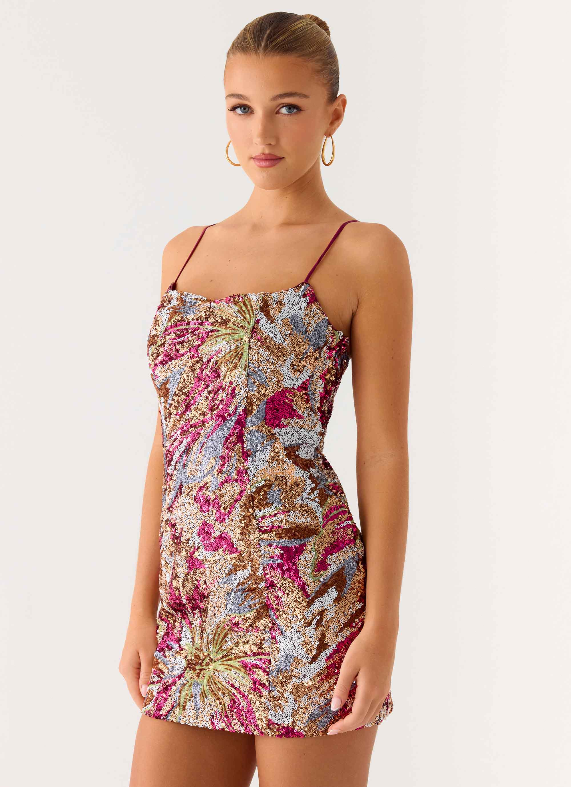 Soul Sound Sequin Mini Dress Fuchsia Floral Beaded