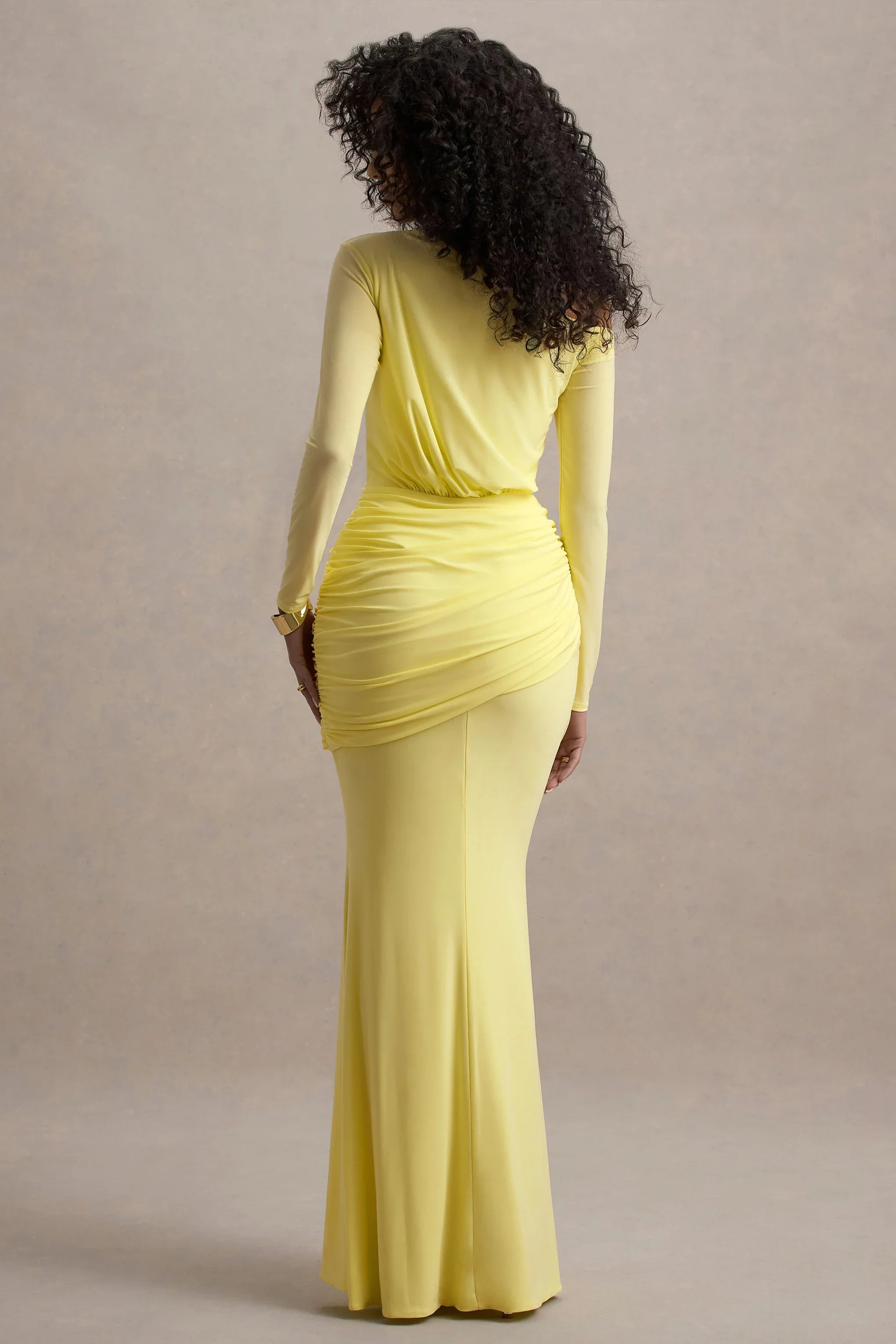 Deanna Lemon Asymmetric Long Sleeve Ruched Maxi Dress