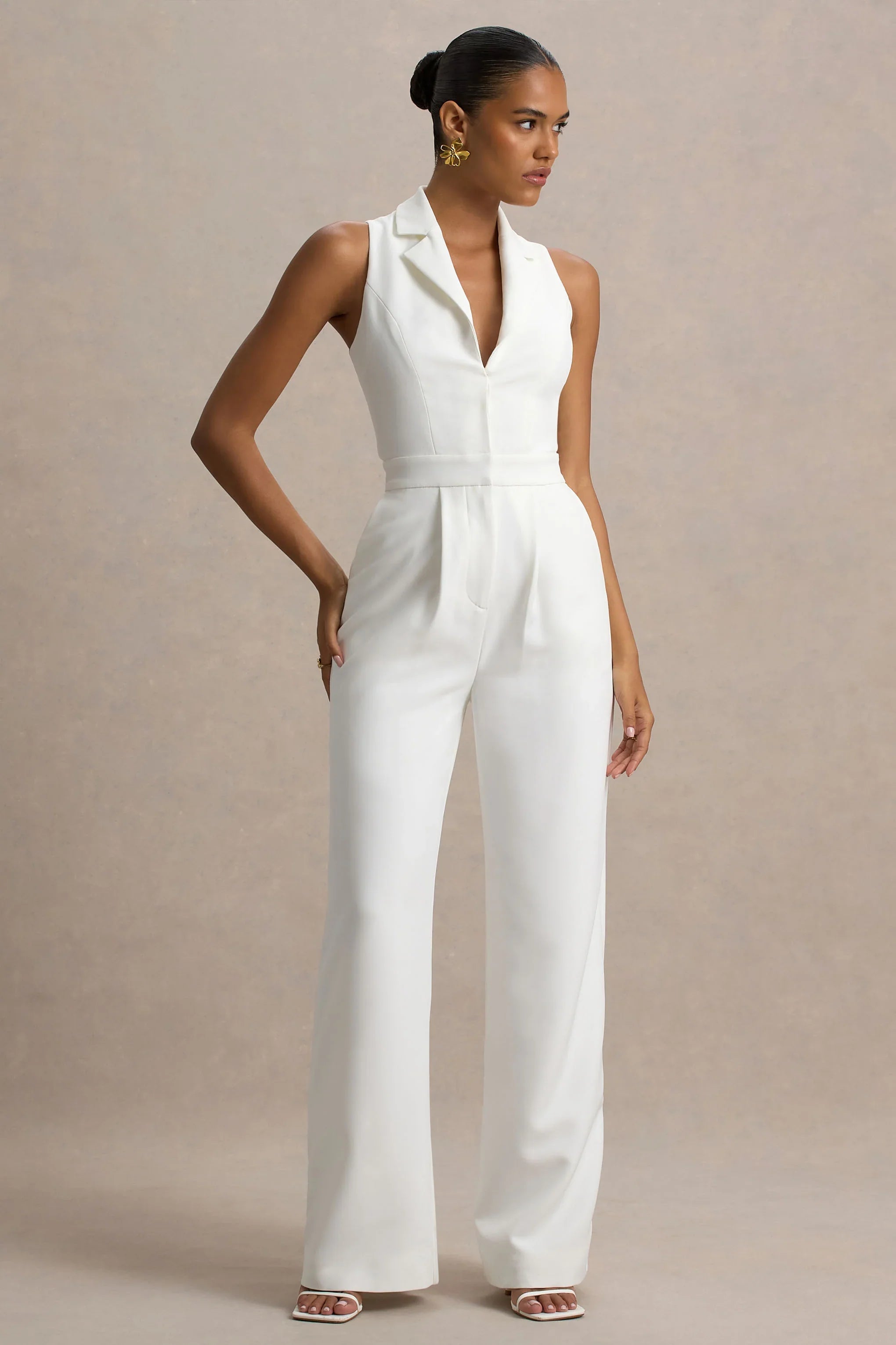 Trixie White Plunge Neck Tailored Jumpsuit