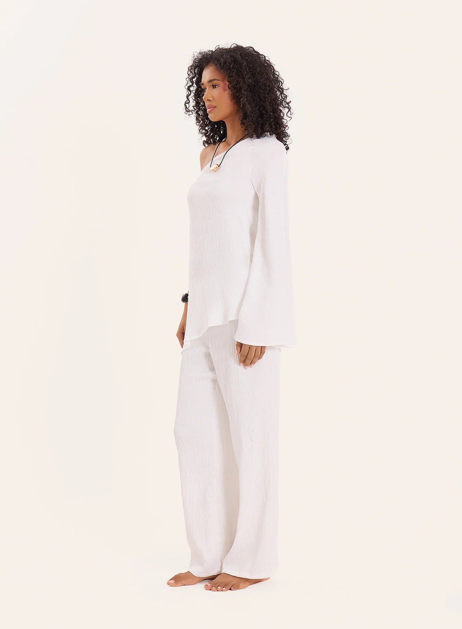 Cream Crinkle Tie Waist Straight Leg Trousers