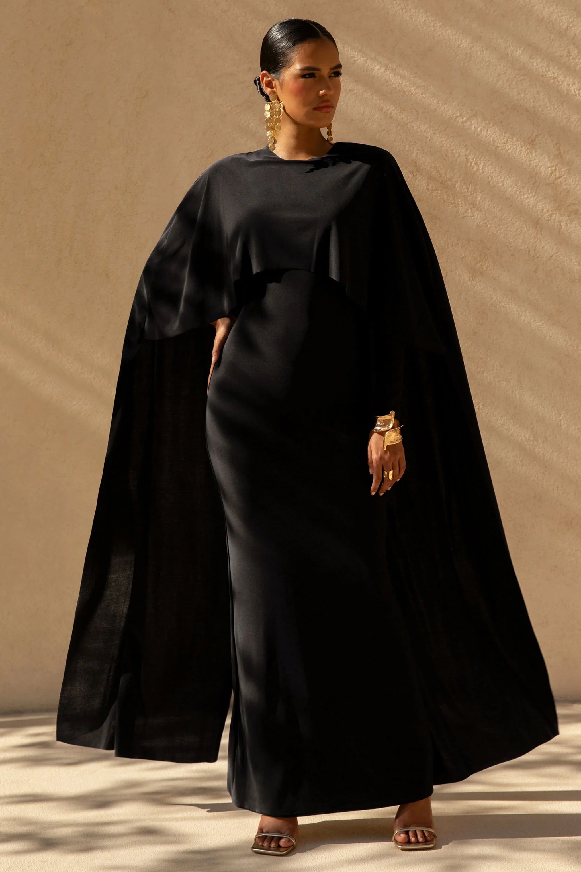 Belinda Black Draped Maxi Dress With Cape Sleeves