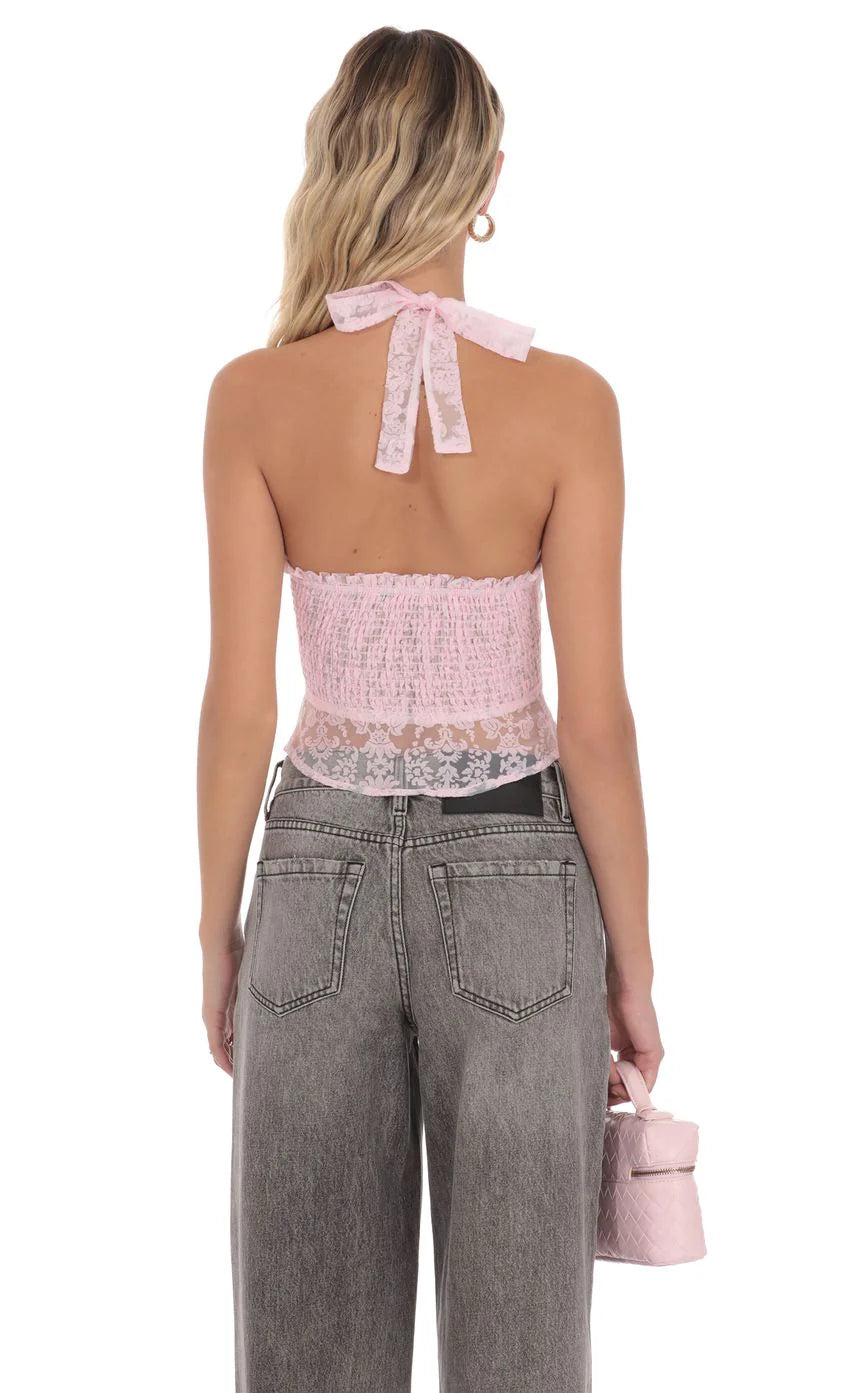 Motif V Neck Halter Top in Pink