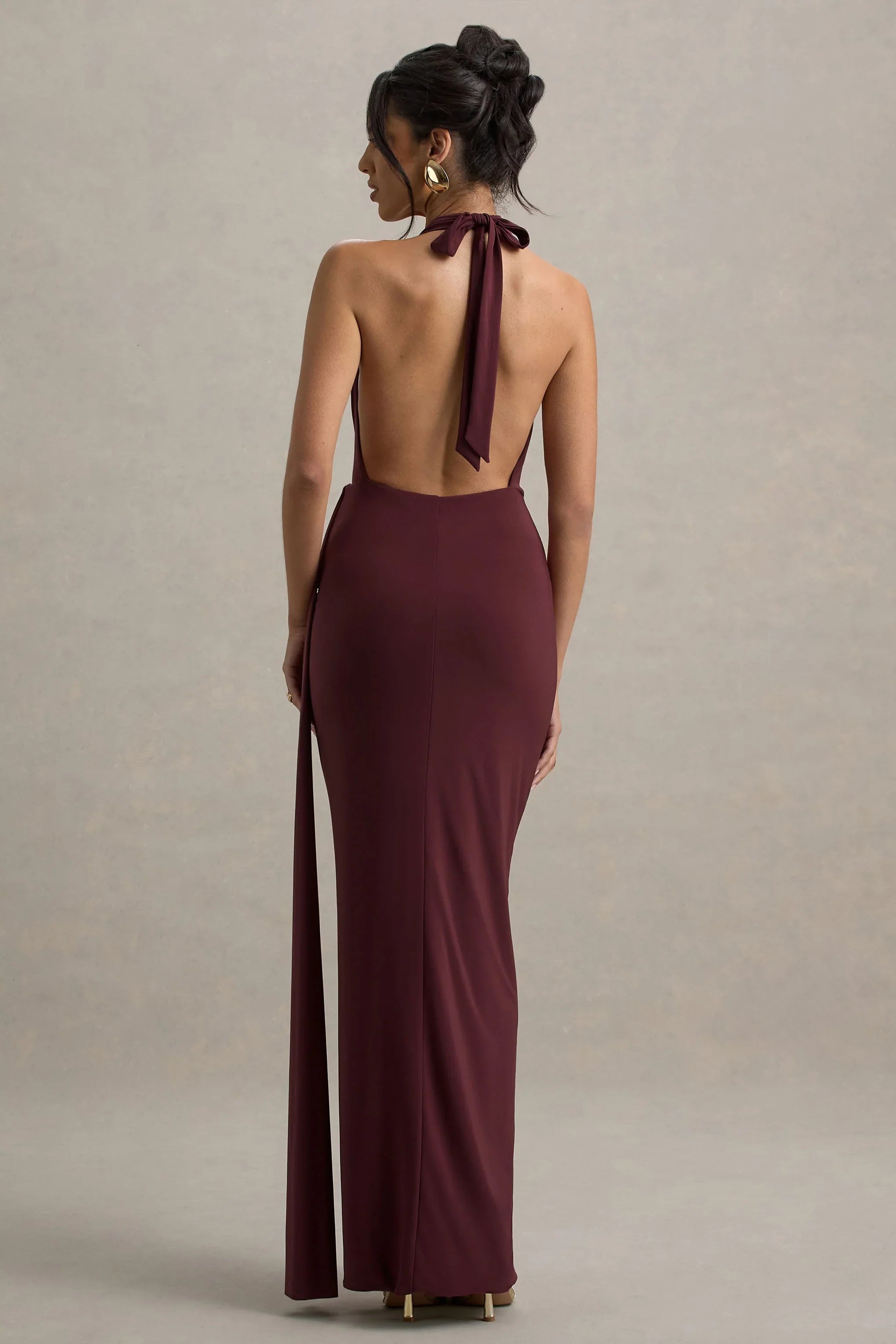 Rosina Burgundy Halter Neck Draped Maxi Dress With Sash